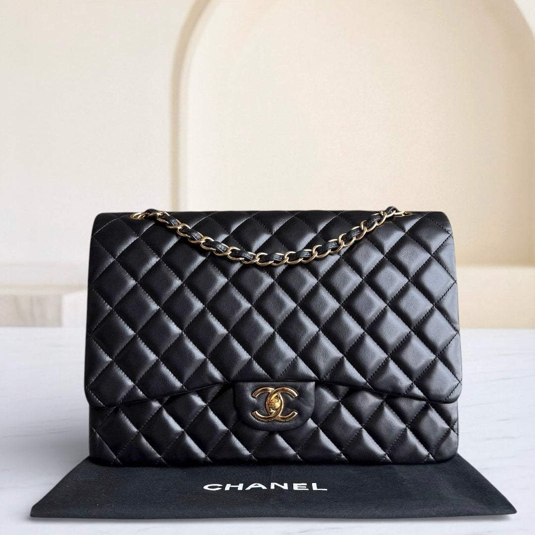 Chanel Classic Flap Maxi - Double Flap Quilted Lambskin Black Gold Hardware Series 15