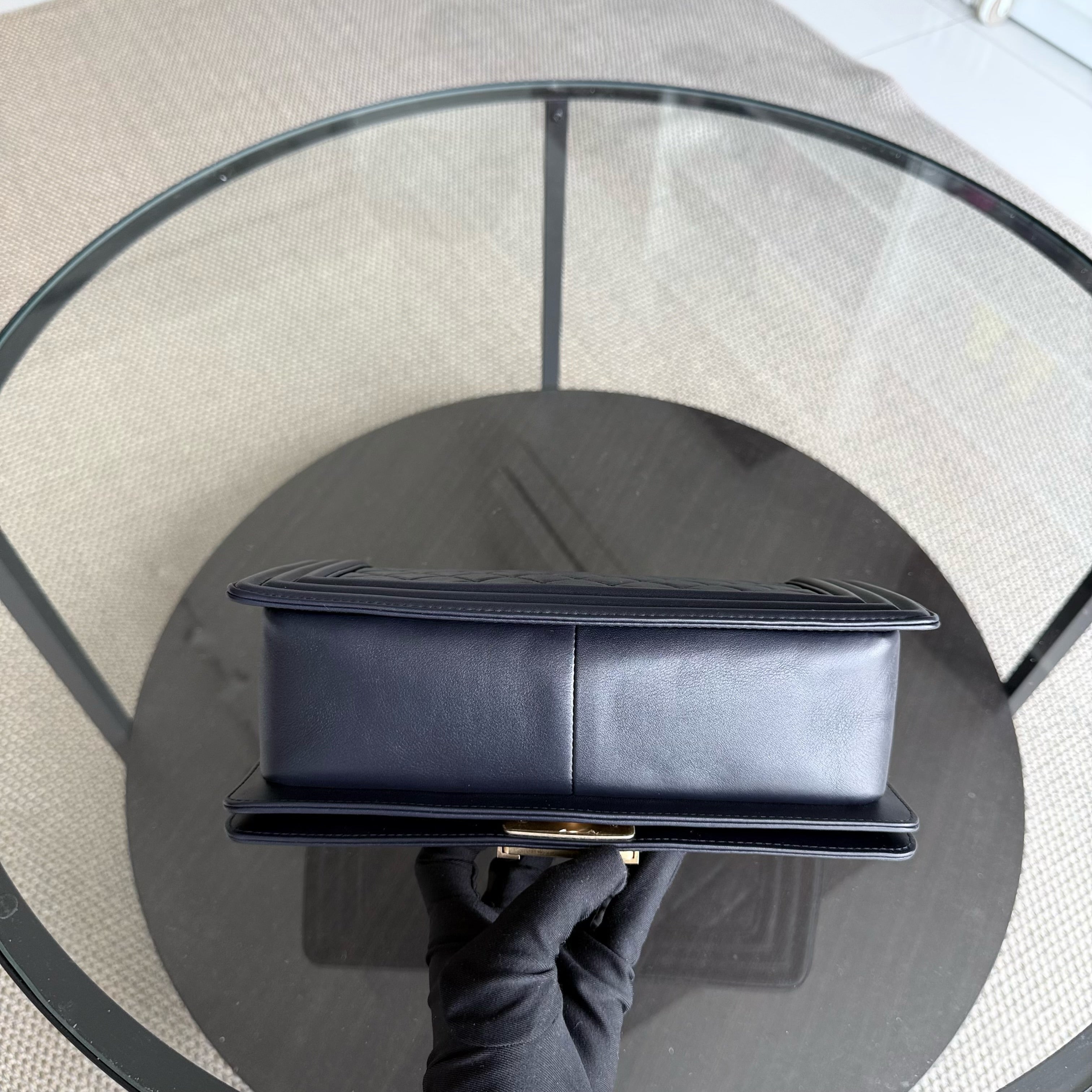 Chanel Boy Medium - Calfskin 25CM Quilted Dark Blue Gold Hardware Series 26