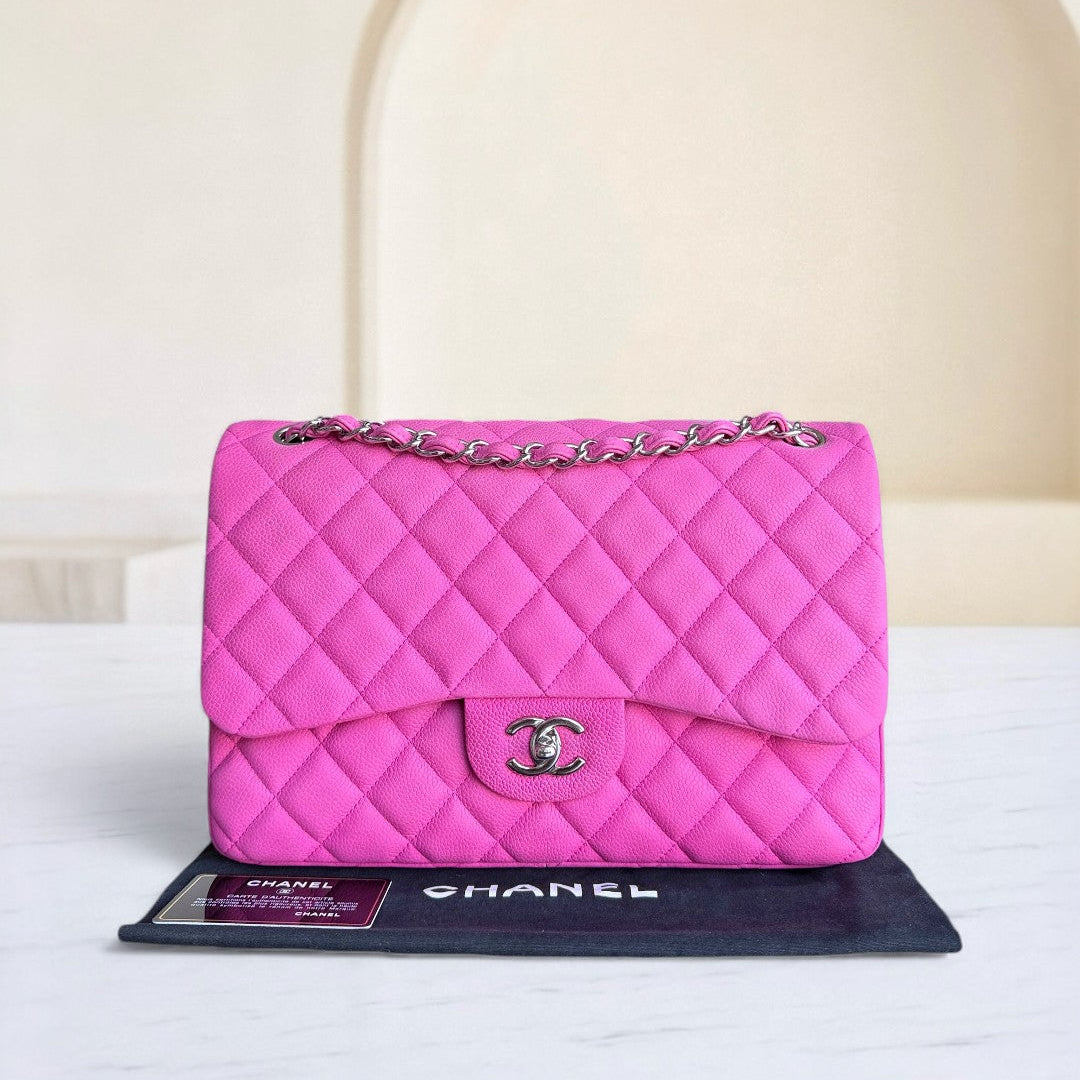 Chanel Classic Flap Jumbo - Caviar 30CM Double Flap Quilted Pink Grained Calfskin Silver Hardware Series 18