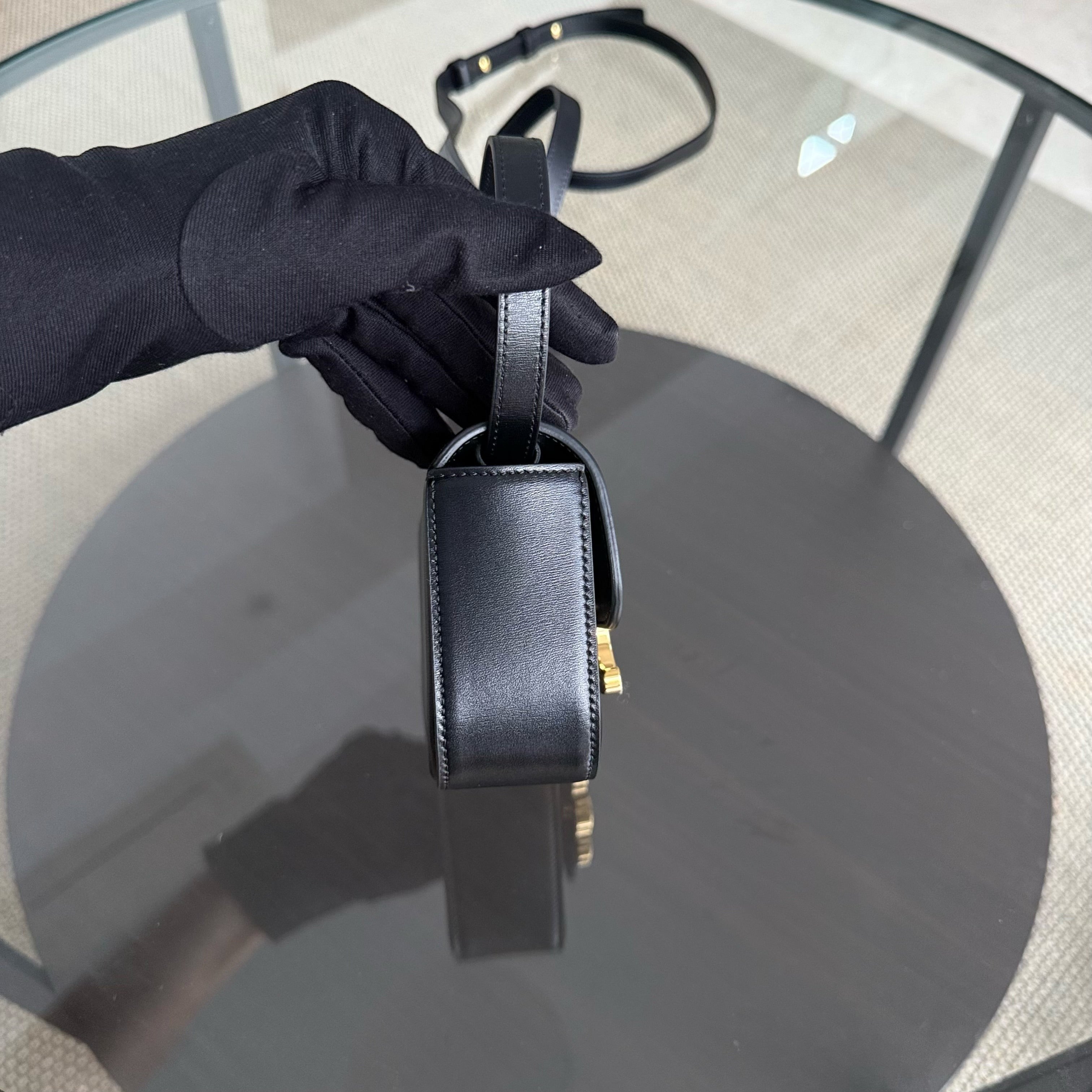 Celine Triomphe Mini Claude Flap Bag in Black Shiny Calfskin and GHW