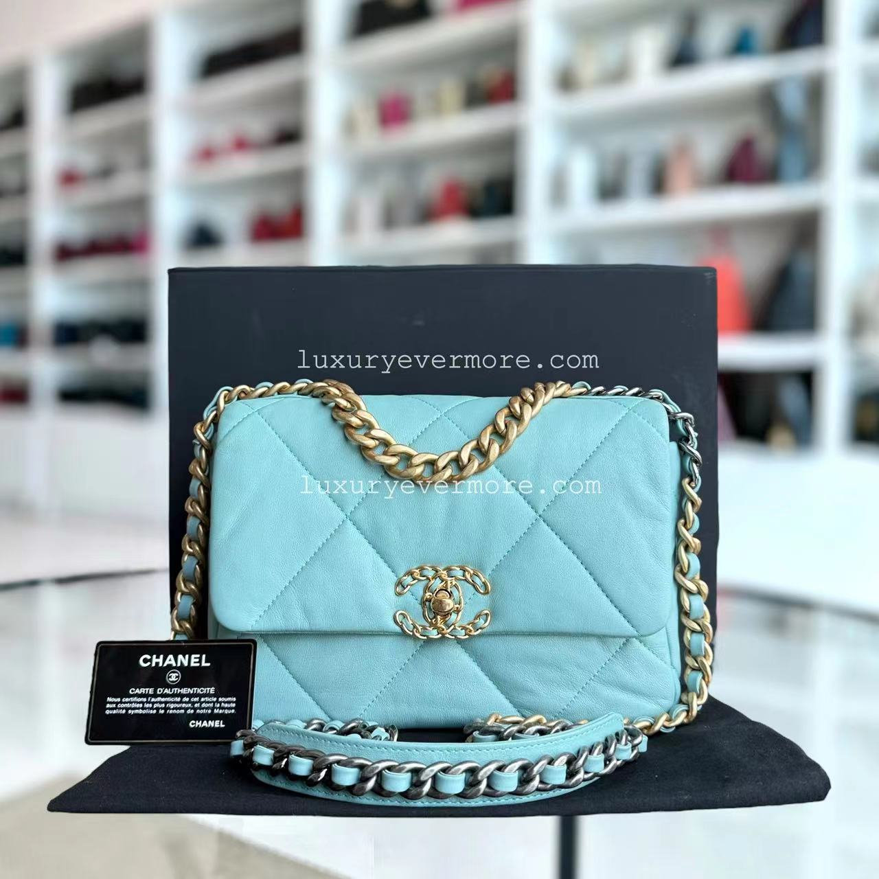 Chanel Small 19 Bag C19 Quilted Goatskin Tiffany Blue Two Tone Golden Hardware Sereis 29