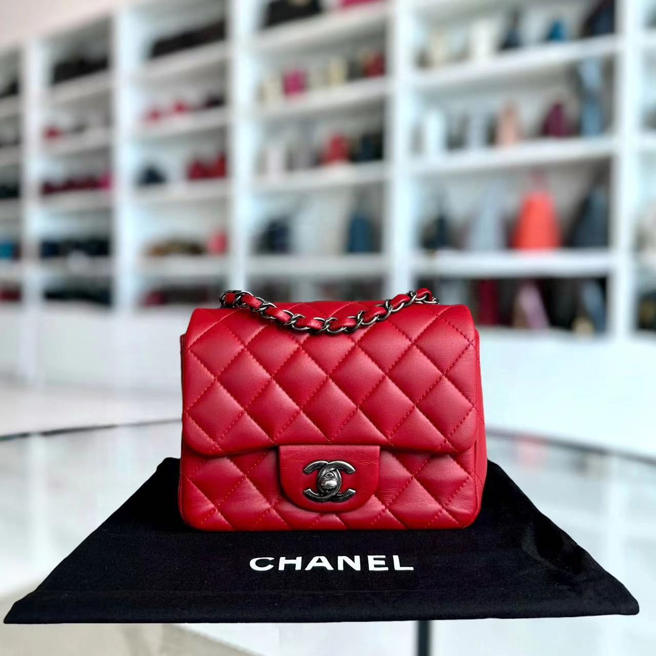 Chanel Mini Square Classic Flap Quilted Lambskin Red RSHW No 20