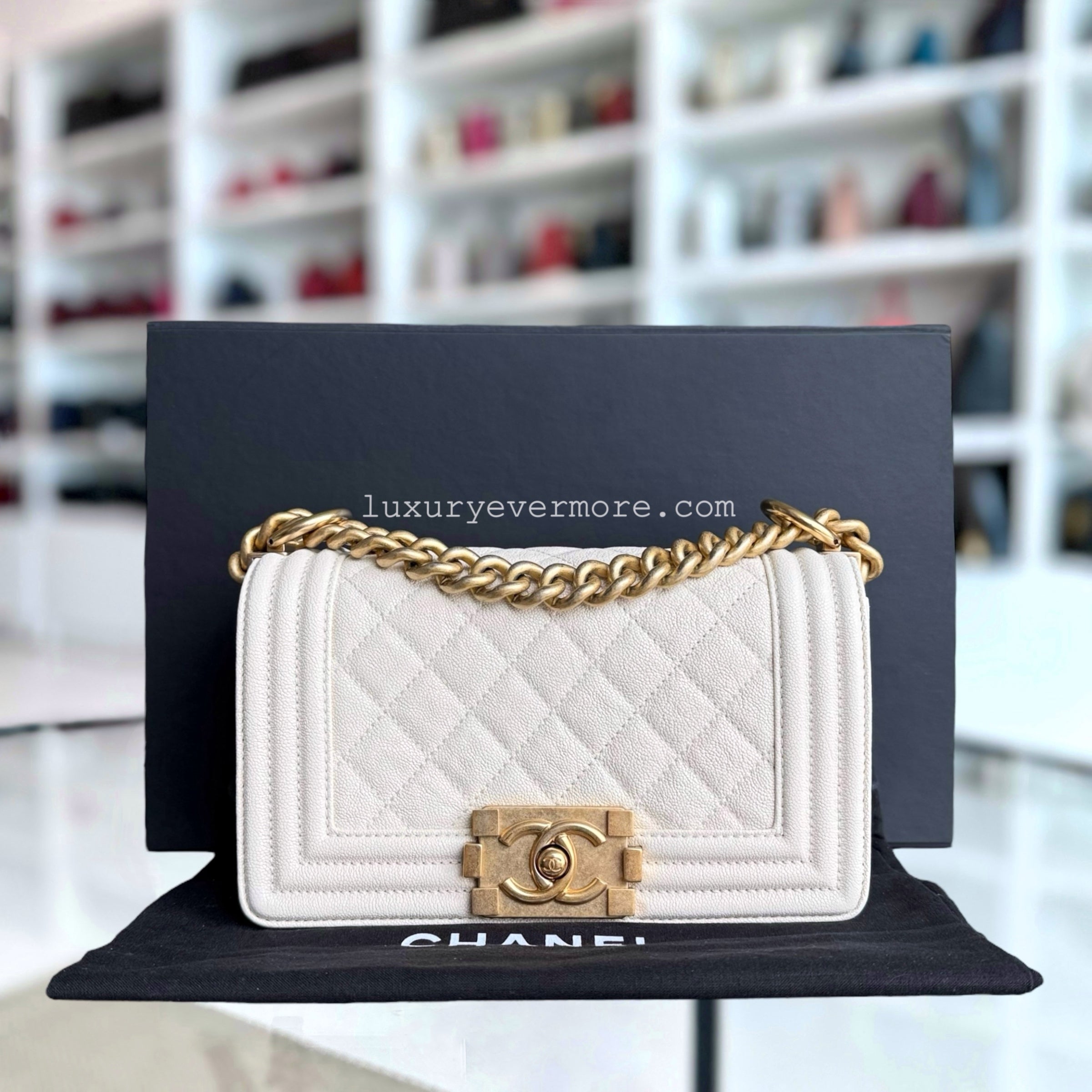 Chanel Boy Small - Caviar Quilted Cream White Gold Hardware