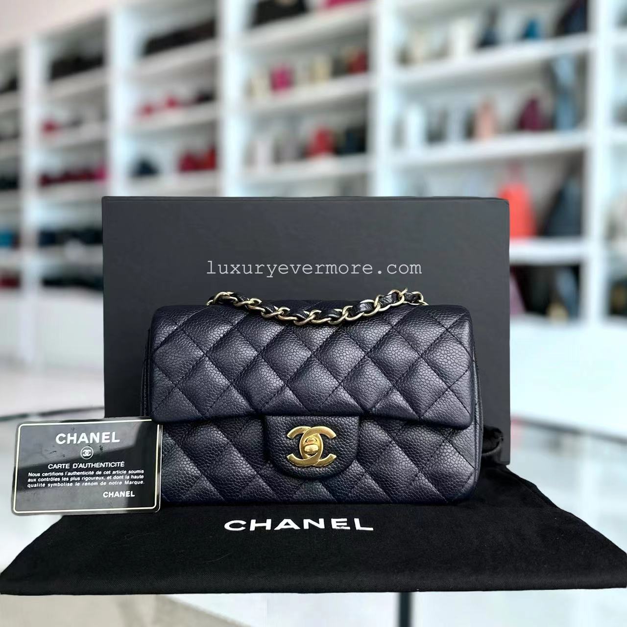 Chanel Caviar Mini Rectangle Classic Flap Quilted Grained Calfskin Dark Blue Golden Hardware Series 21