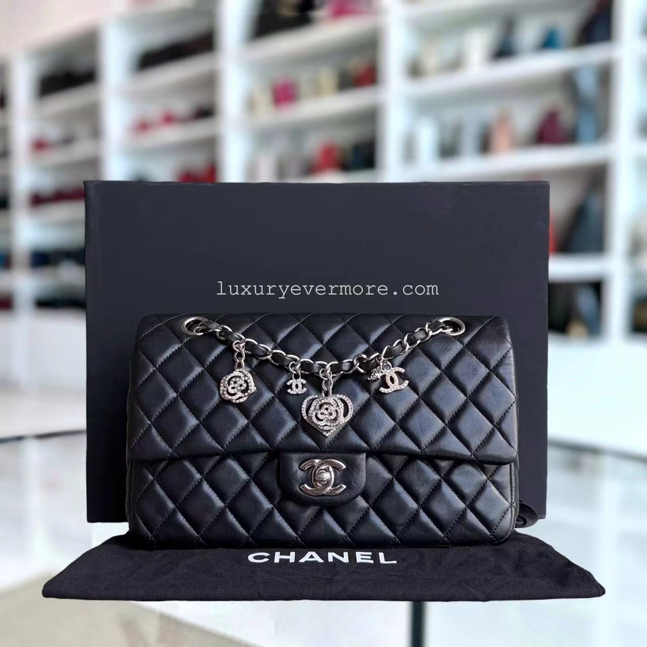 Chanel Classic Flap Medium Bag - Valentine Seasonal Edition Quilted Lambskin Black Golden Hardware Series 19