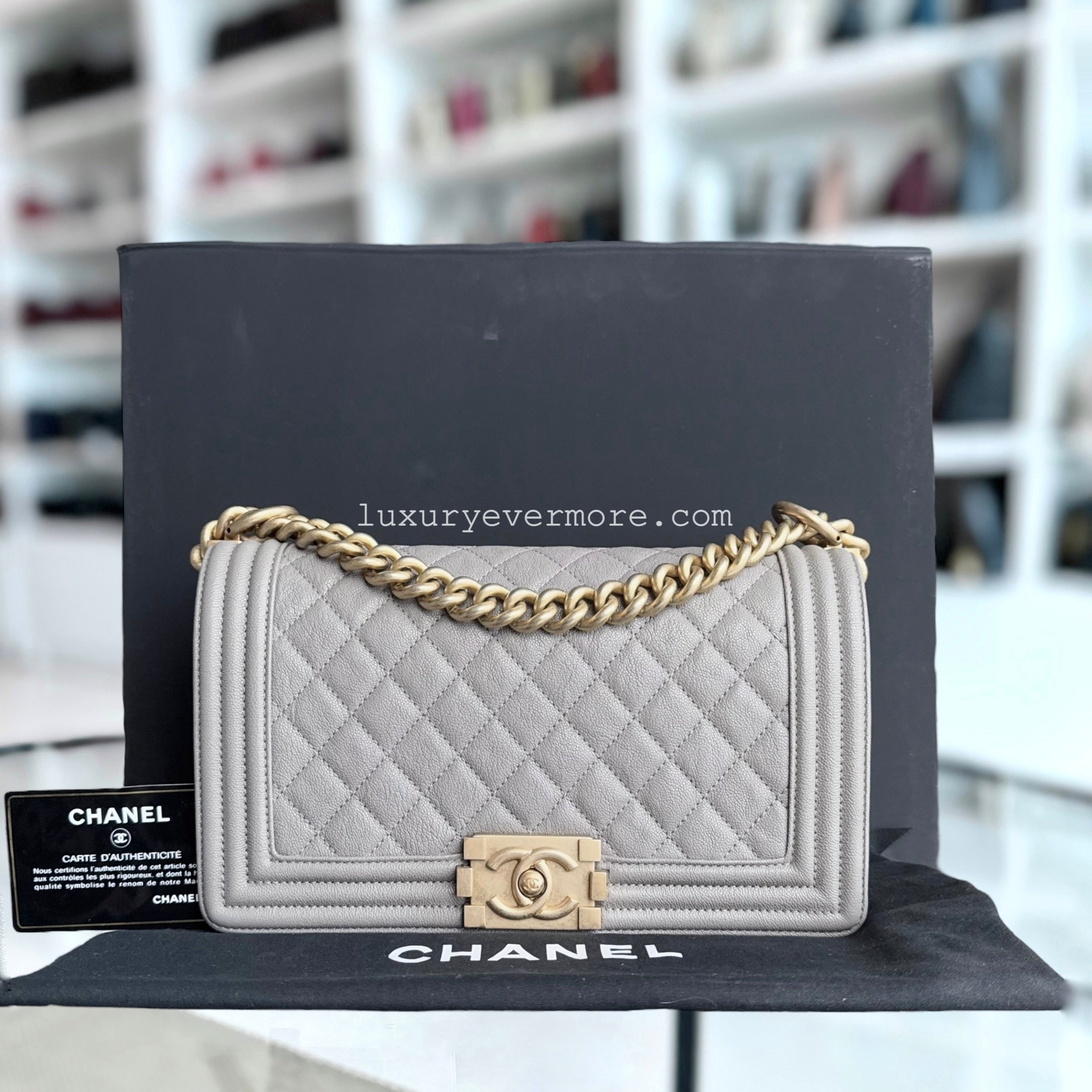 Chanel Boy Medium - Caviar 25CM Quilted Light Grey Gray Gold Hardware Series 27