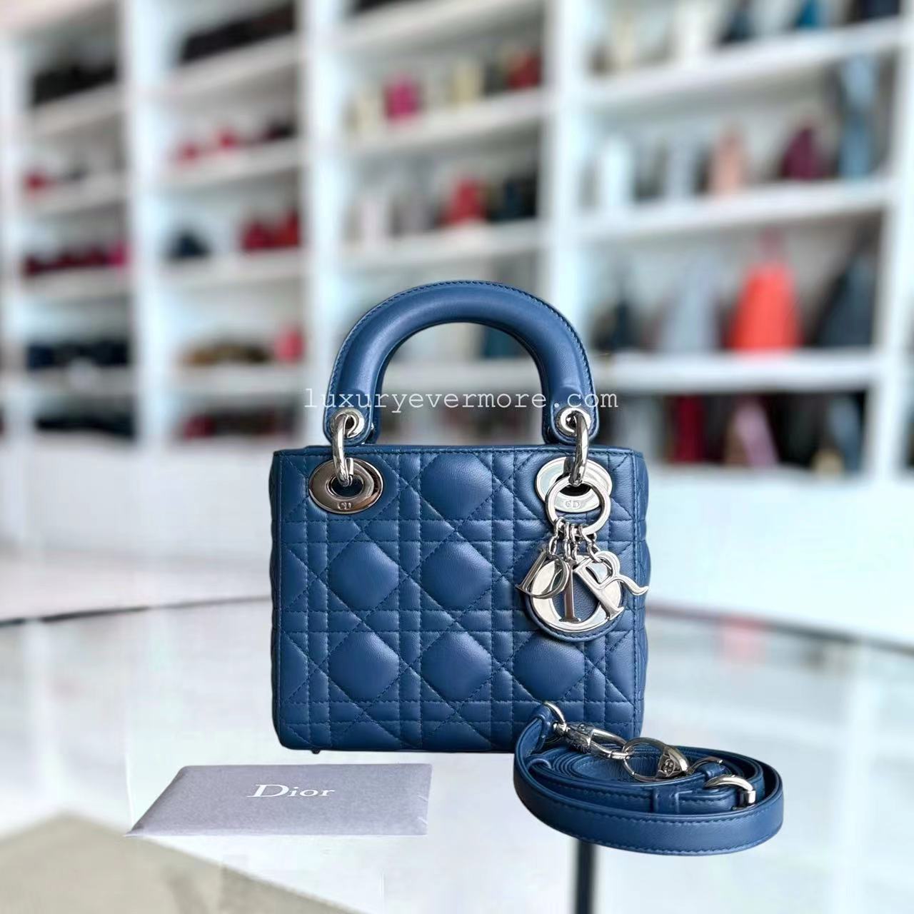 Dior Lady Mini Bag - Cannage Lambskin Blue Adjustable Strap Silver Hardware