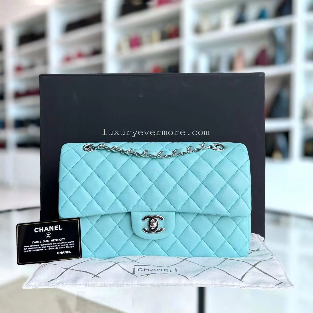 Chanel Classic Flap Medium - 25CM Double Flap Quilted Lambskin Tiffany Blue Silver Hardware Series 27