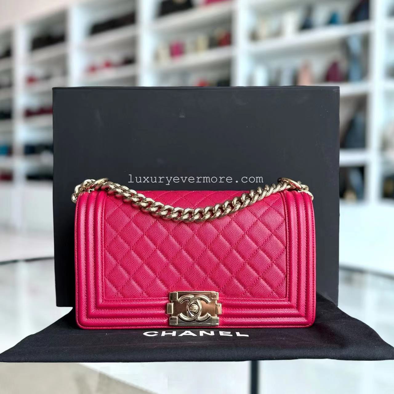 Chanel Boy Medium - Caviar 25CM Quilted Hot Pink Gold Hardware Series 23