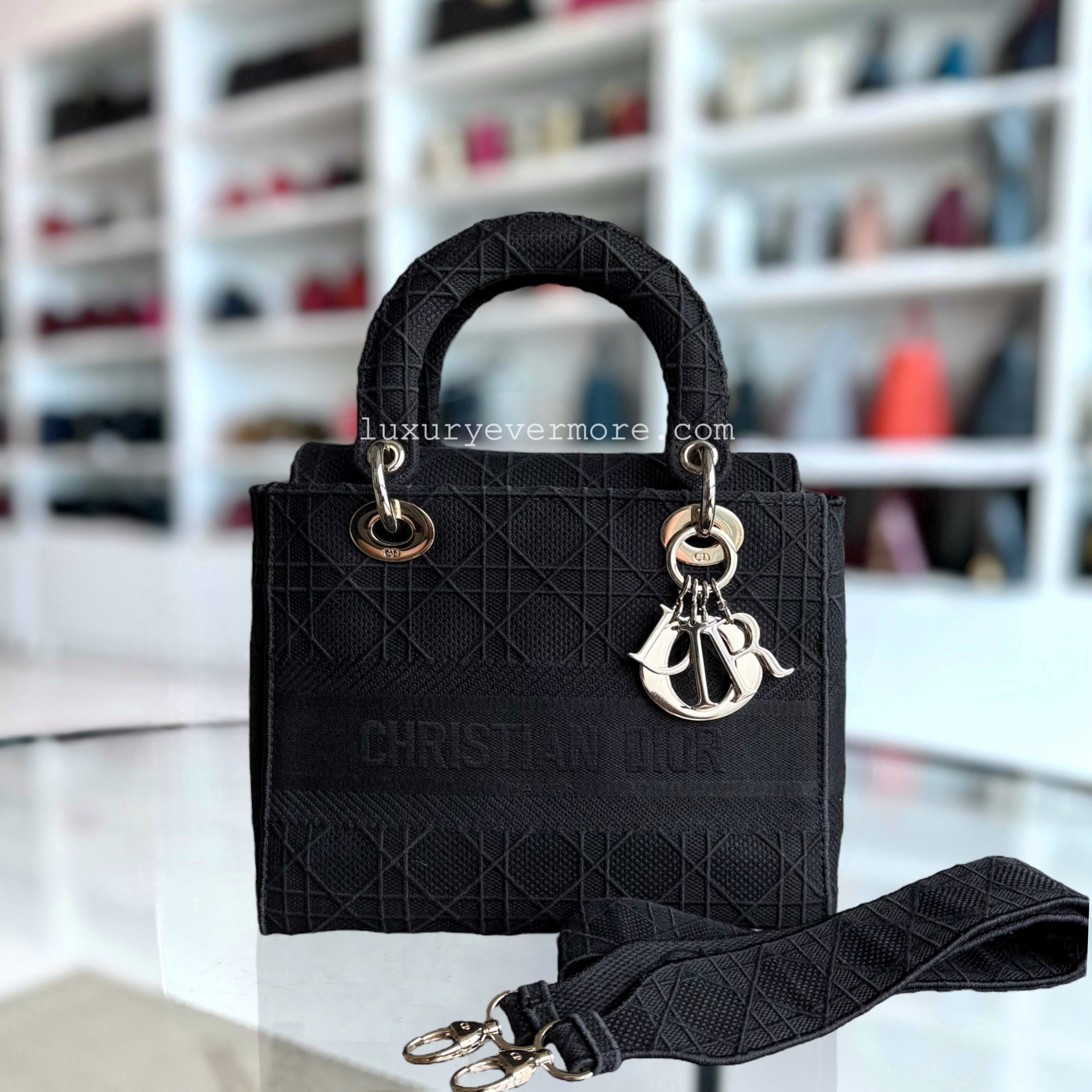 Dior D-Lite Medium - Canvas Cannage Black Gold Hardware