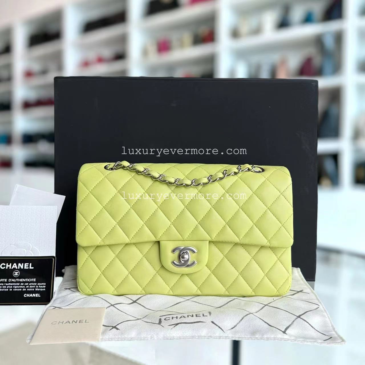 *Full Set, Receipt* Chanel Classic Flap Medium Quilted Lambskin Light Yellow Silver Hardware