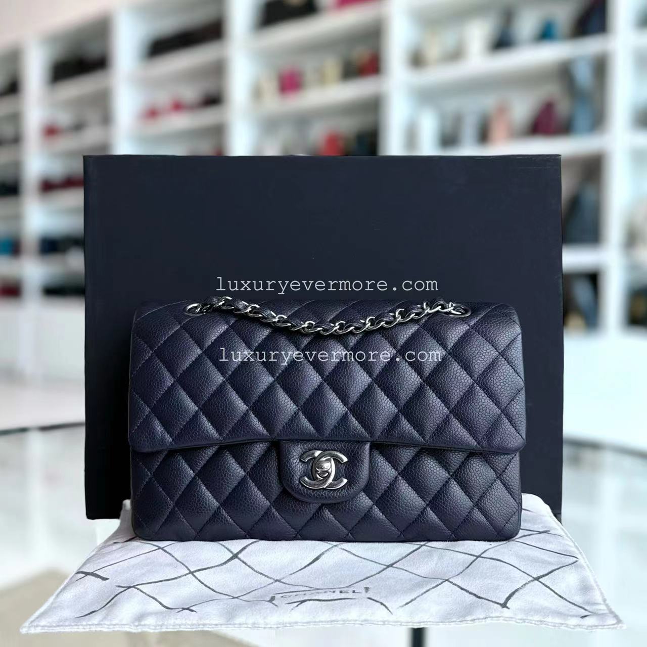 Caviar Medium Classic Flap Quilted Dark Blue Silver Hardware Series 18