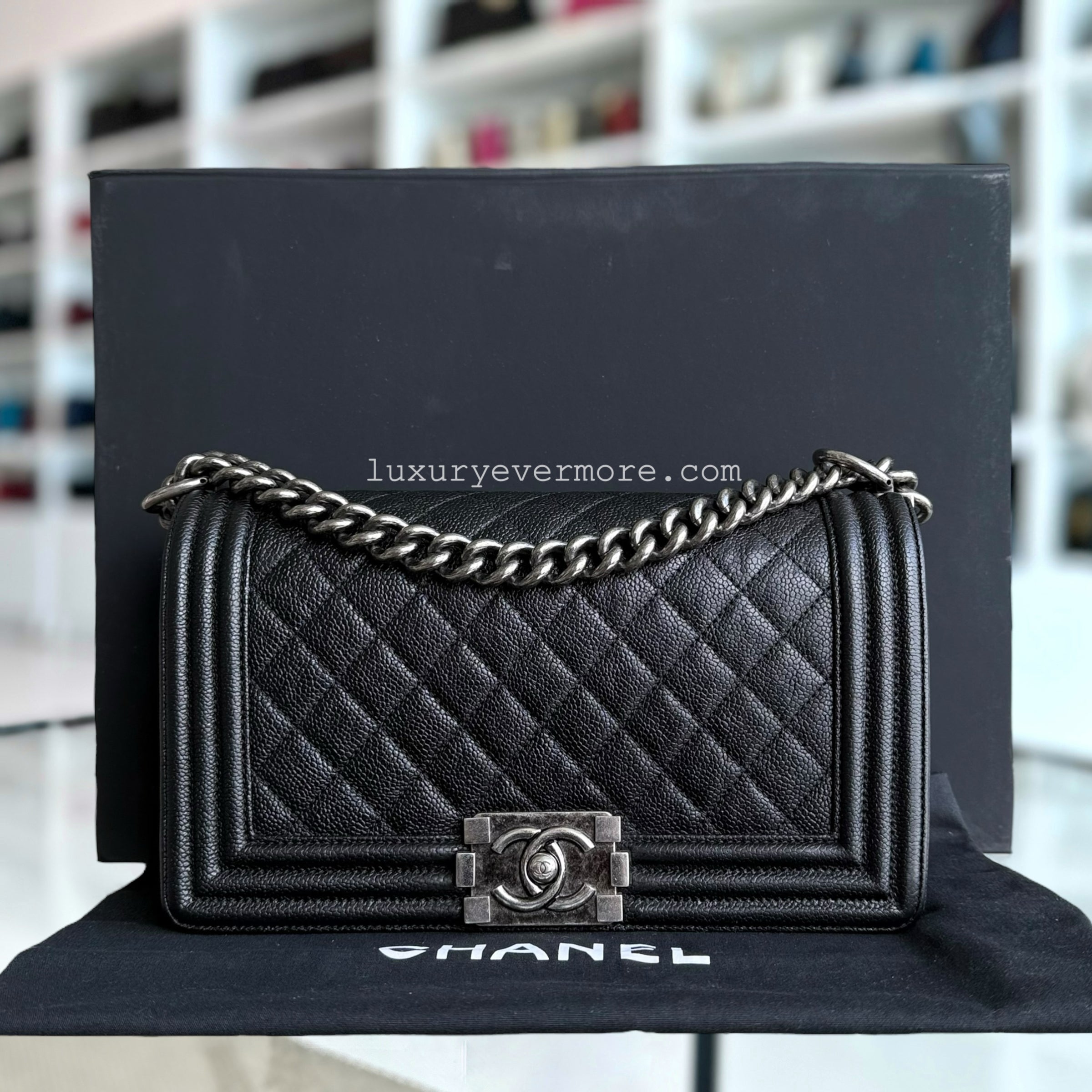 Chanel Boy Medium - Caviar 25CM Quilted Black Ruthenium Silver Hardware Series 19