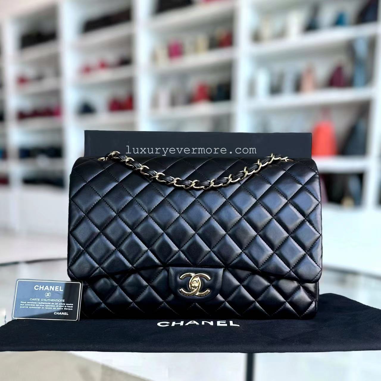 Chanel Maxi Classic Flap Double Flap Quilted Lambskin Black Golden Hardware Series 14