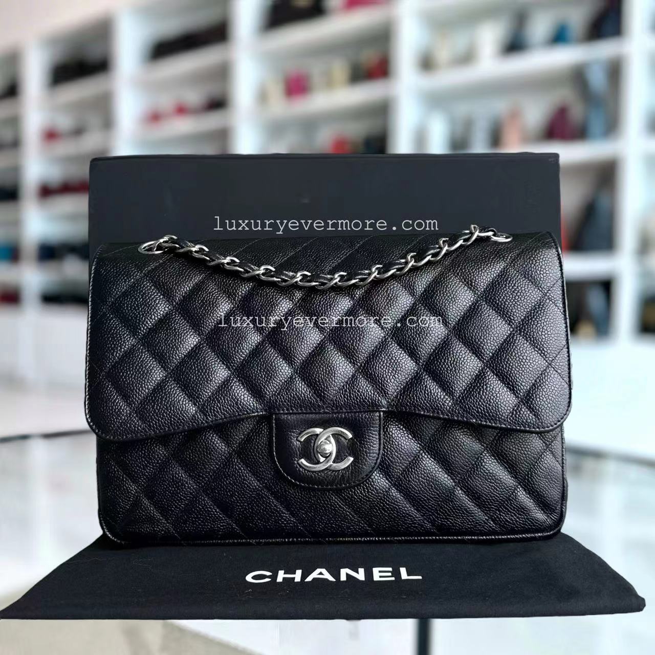 Chanel Classic Flap Jumbo - Caviar Double Flap Quiltd Black Silver Hardware