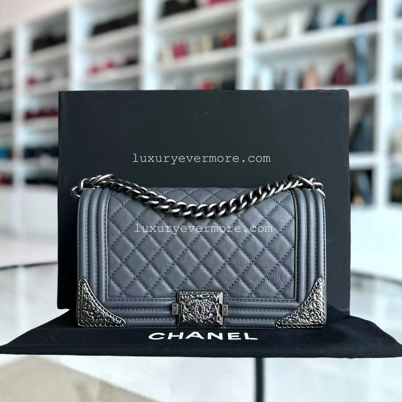 Chanel Boy Medium - 25CM Calfskin Quilted Limited Edition Metal Edges Leboy Ruthenium Silver Hardware Series 19