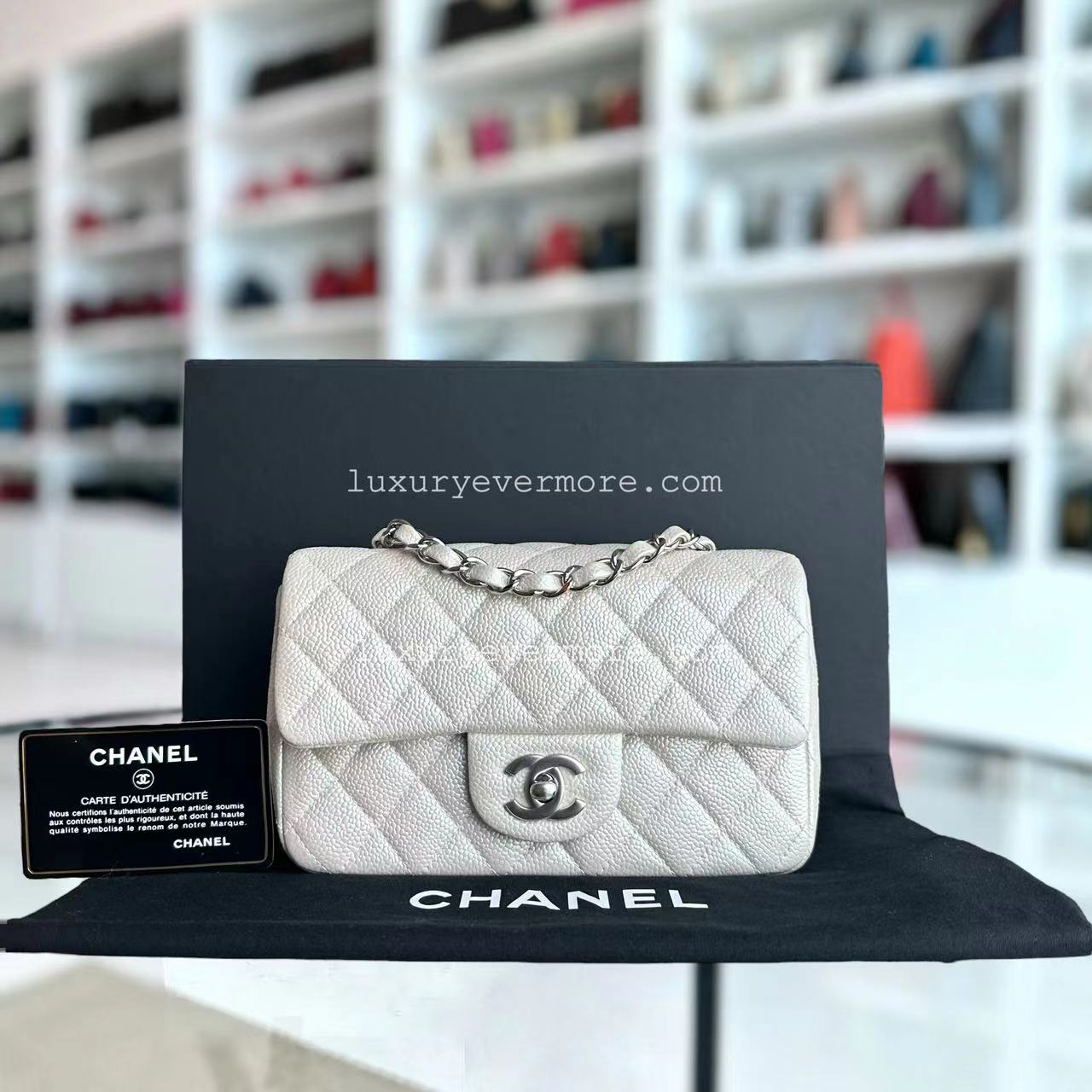 *Unused* Caviar Mini Rectangle Classic Flap Quilted Iridescent Pearl White Silver Hardware Series 20