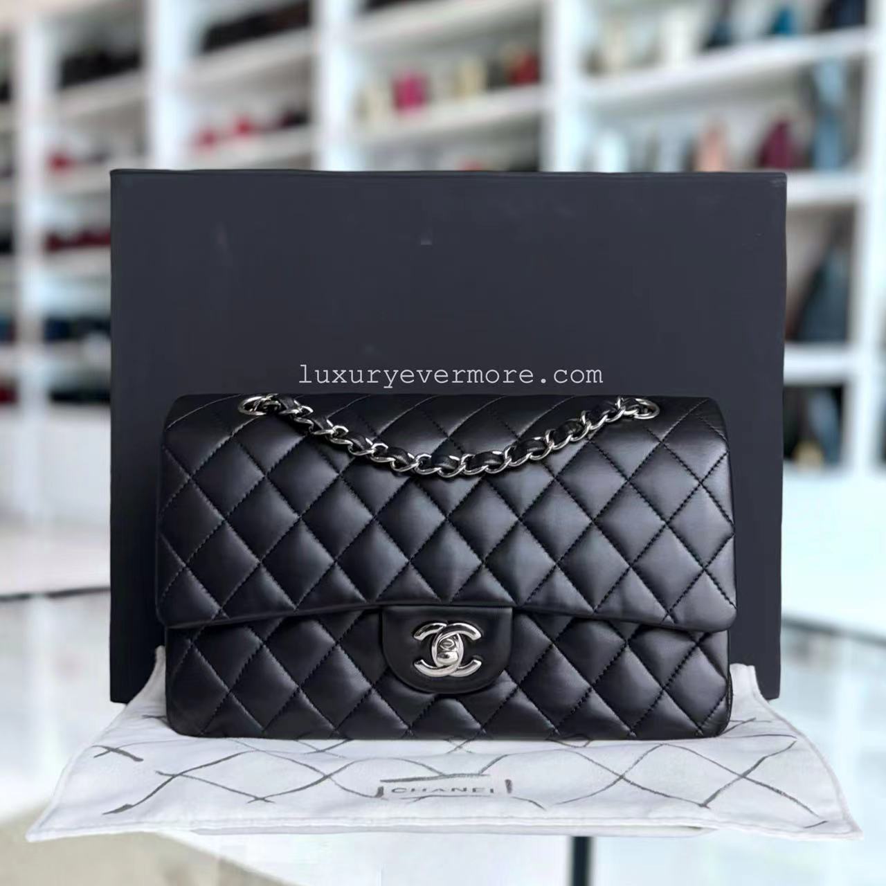 Chanel Classic Flap Medium - 25CM Double Flap Quilted Lambskin Black Silver Hardware Series 19