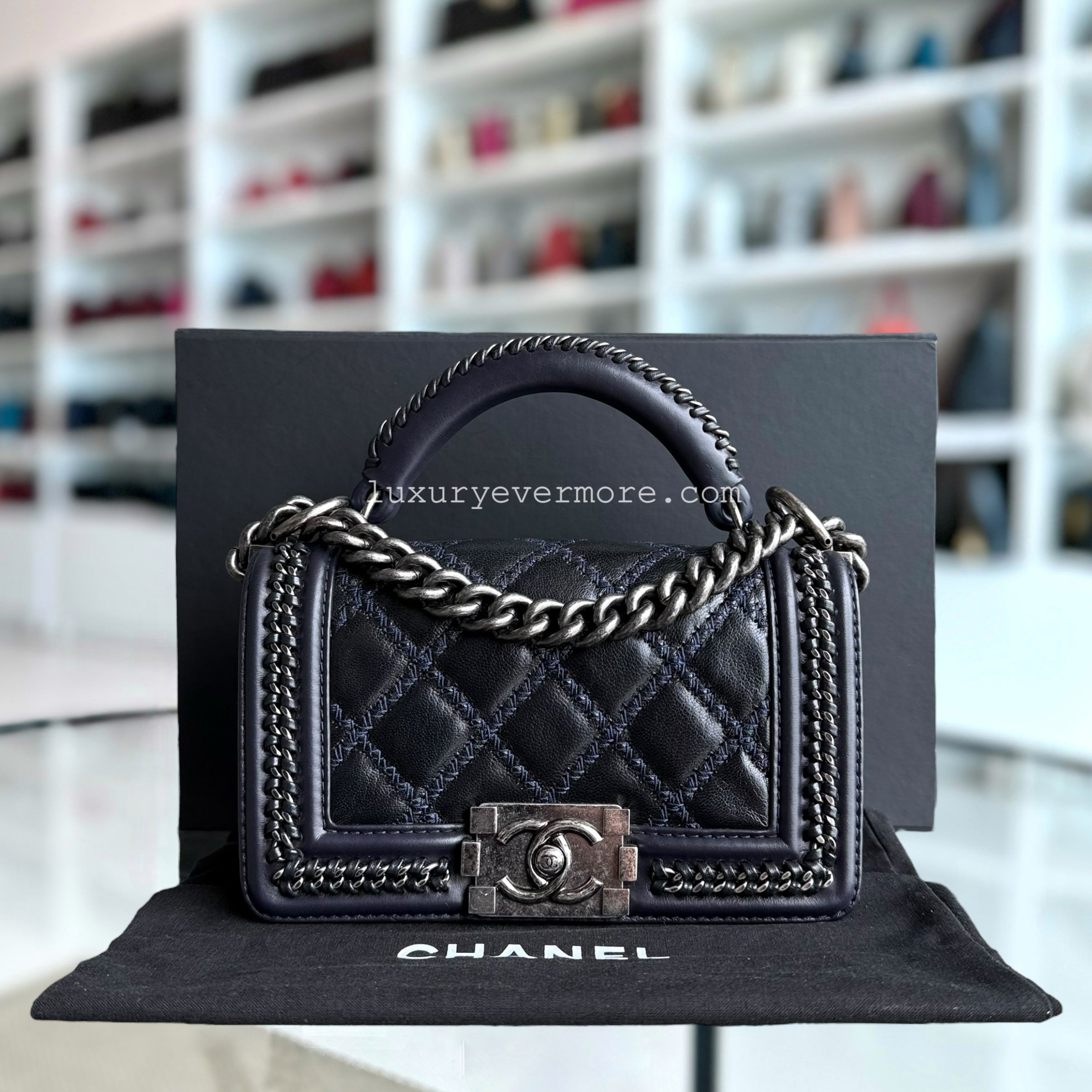 Chanel Boy Small Handle - 20CM Calfskin Chain Around Top Handle Limited Edition Dark Blue Ruthenium Silver Hardware Series 21