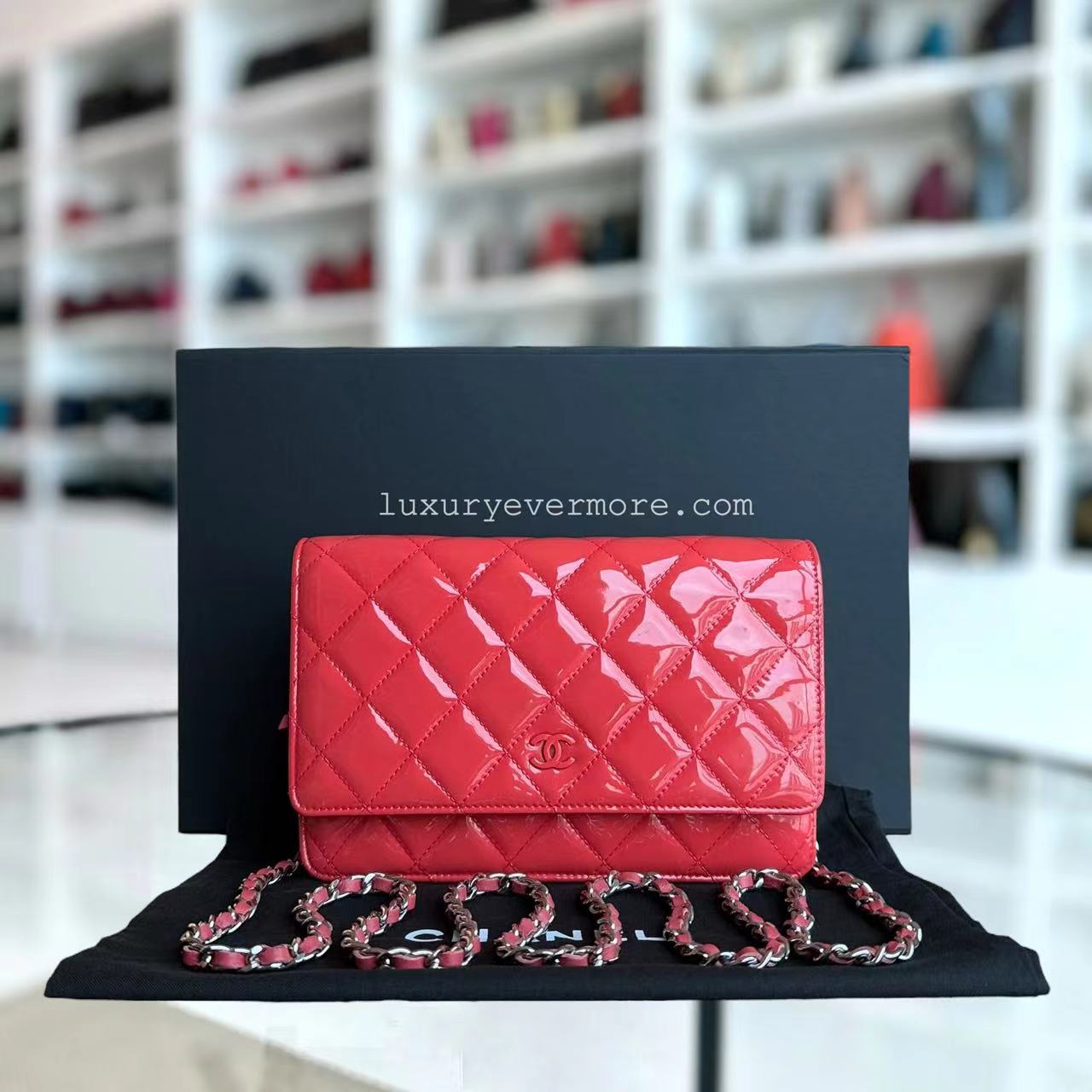 Chanel Wallet On Chain WOC - Quilted Patent Leather Red Pink