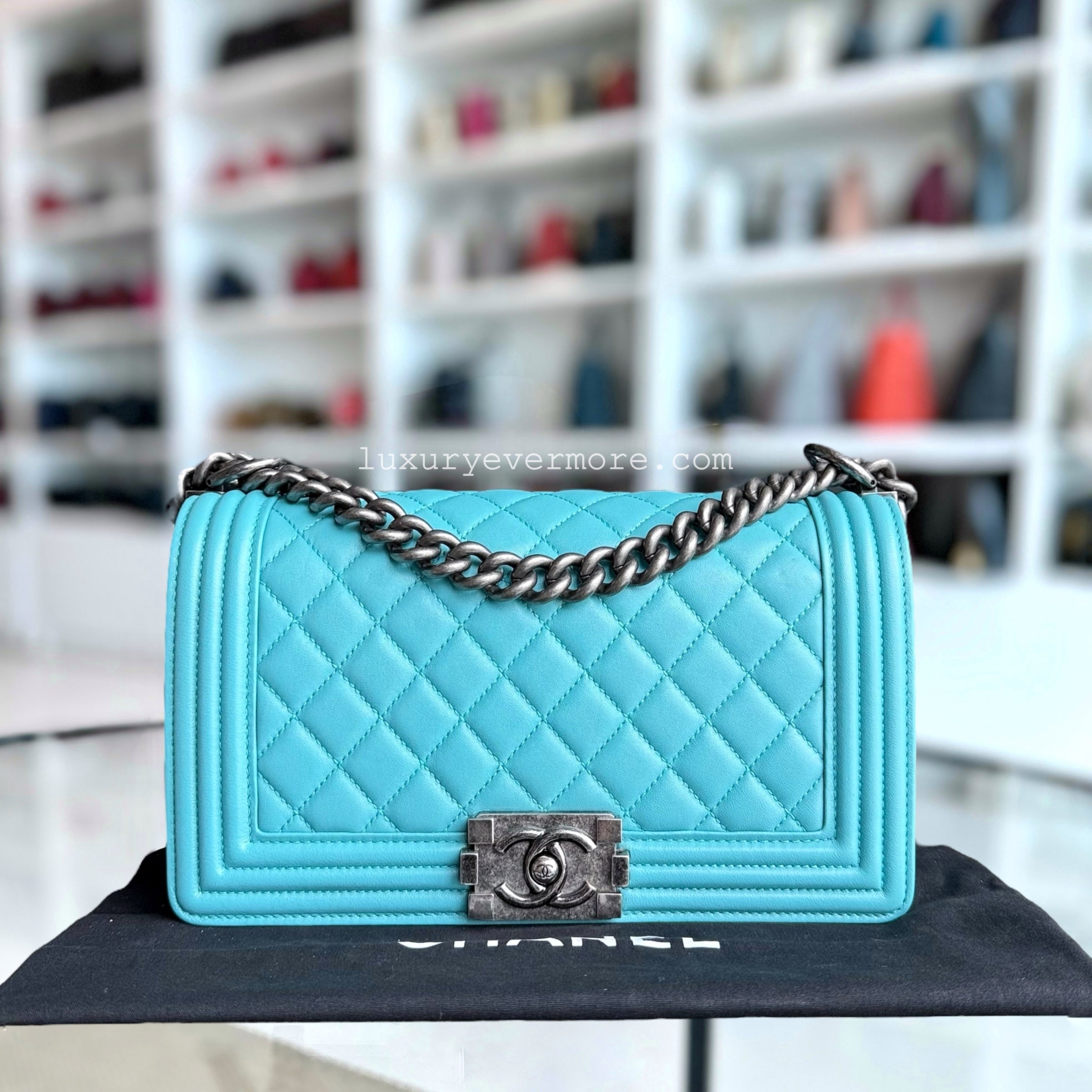 Chanel Boy Medium - 25CM Quilted Lambskin Cyan Blue Ruthenium Silver Hardware Series 19