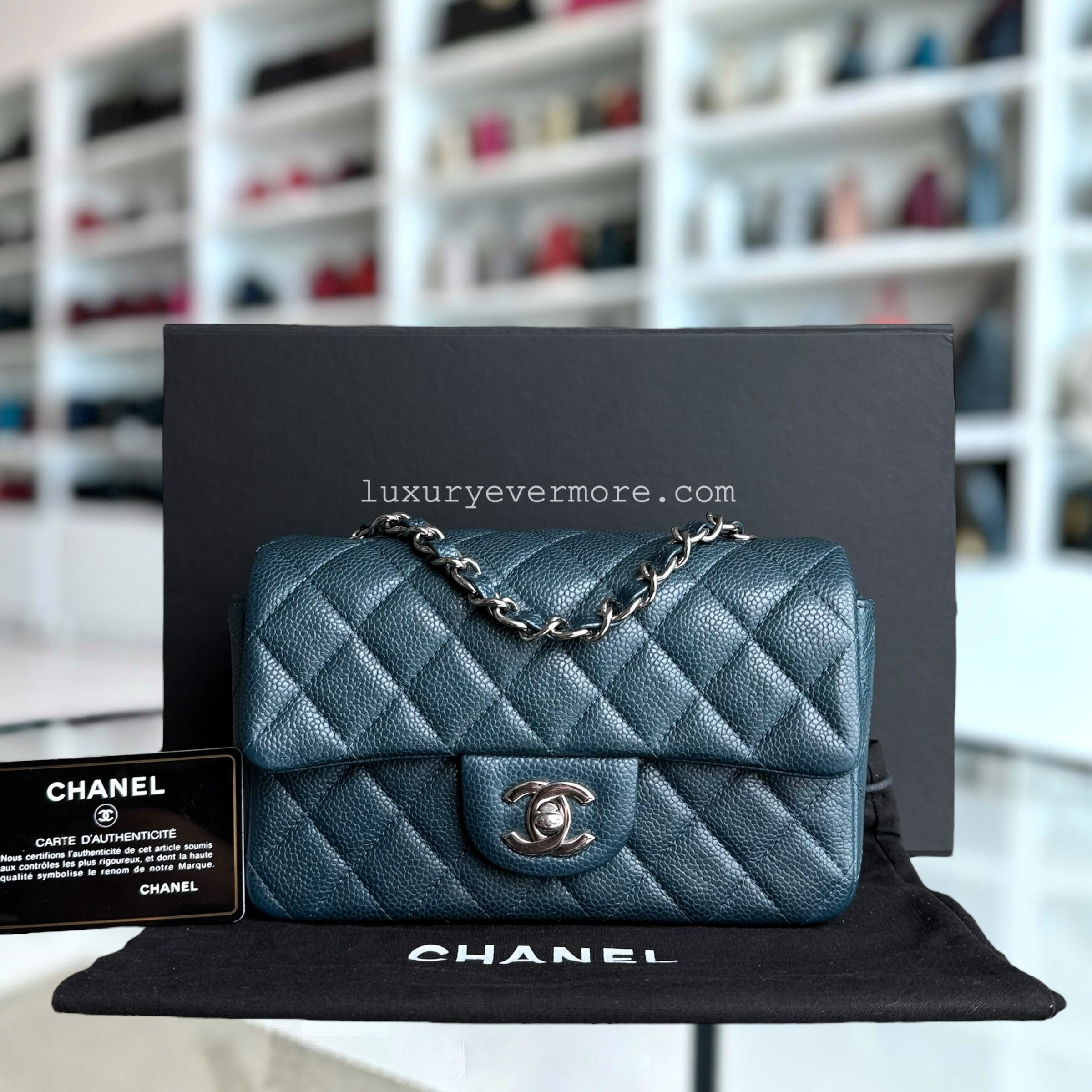 Chanel Classic Flap Mini - Caviar 20CM Rectangle Quilted Dark Green Blue Silver Hardware Series 20