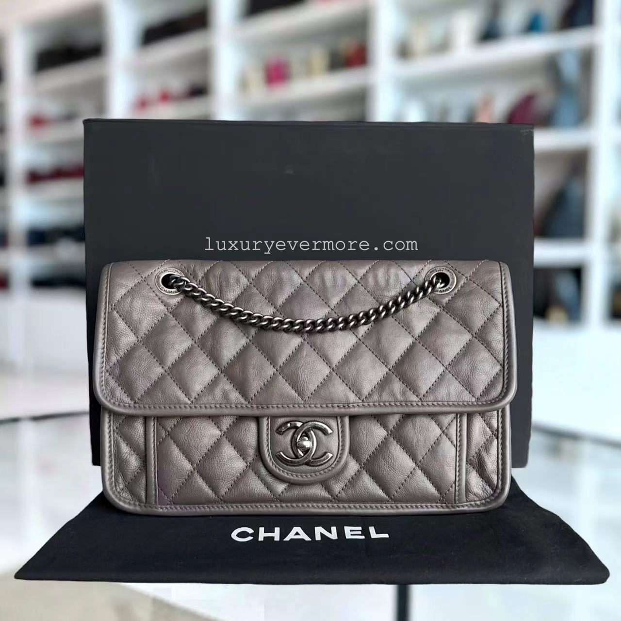 Chanel Flap French Riviera - Calfskin 28CM Grey Quilted Gray Ruthenium Palladium Silver Hardware Series 20