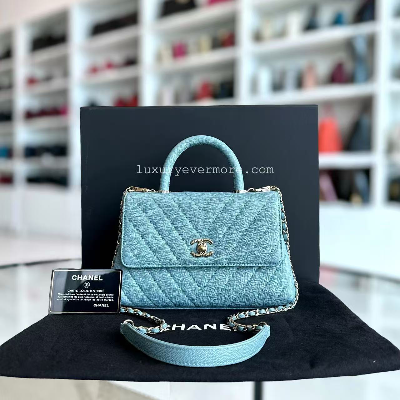 Chanel Coco Handle - Caviar Small Chevron Blue Light Gold Hardware Series 29