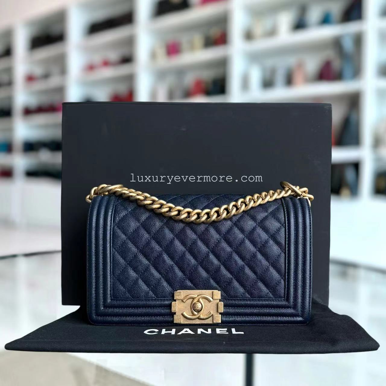 Chanel Boy Medium - 25CM Caviar Quilted Dark Navy Blue Gold Hardware