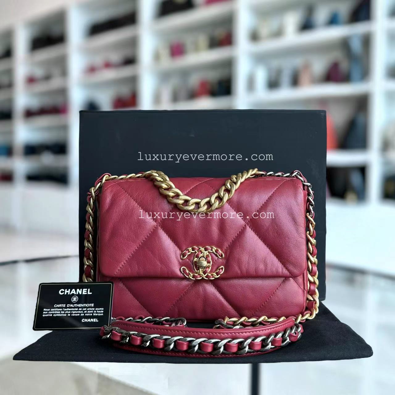 Chanel 19 Bag Small C19 Quilted Goatskin Burgundy Red Two Tone Hardware