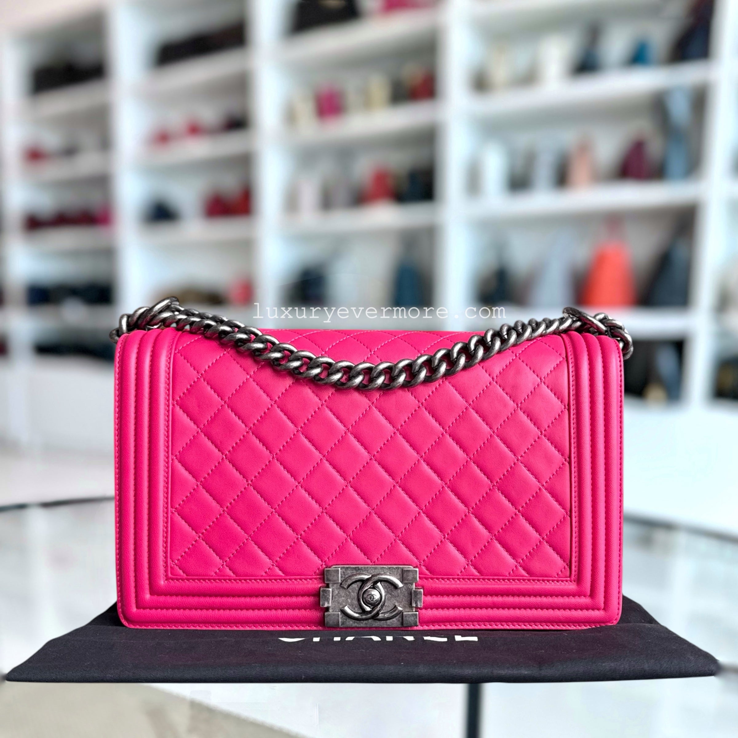 Chanel Boy Medium - 28CM Quilted Lambskin Hot Pink Ruthenium Silver Hardware Series 19