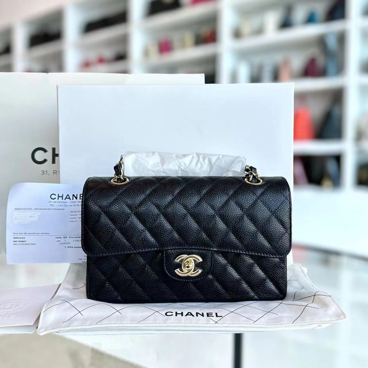 *Unused, Microchip 2022, Receipt Full Set* Chanel Caviar Small Classic Flap Double Flap 23CM Quilted Calfskin Black GHW Microchipped