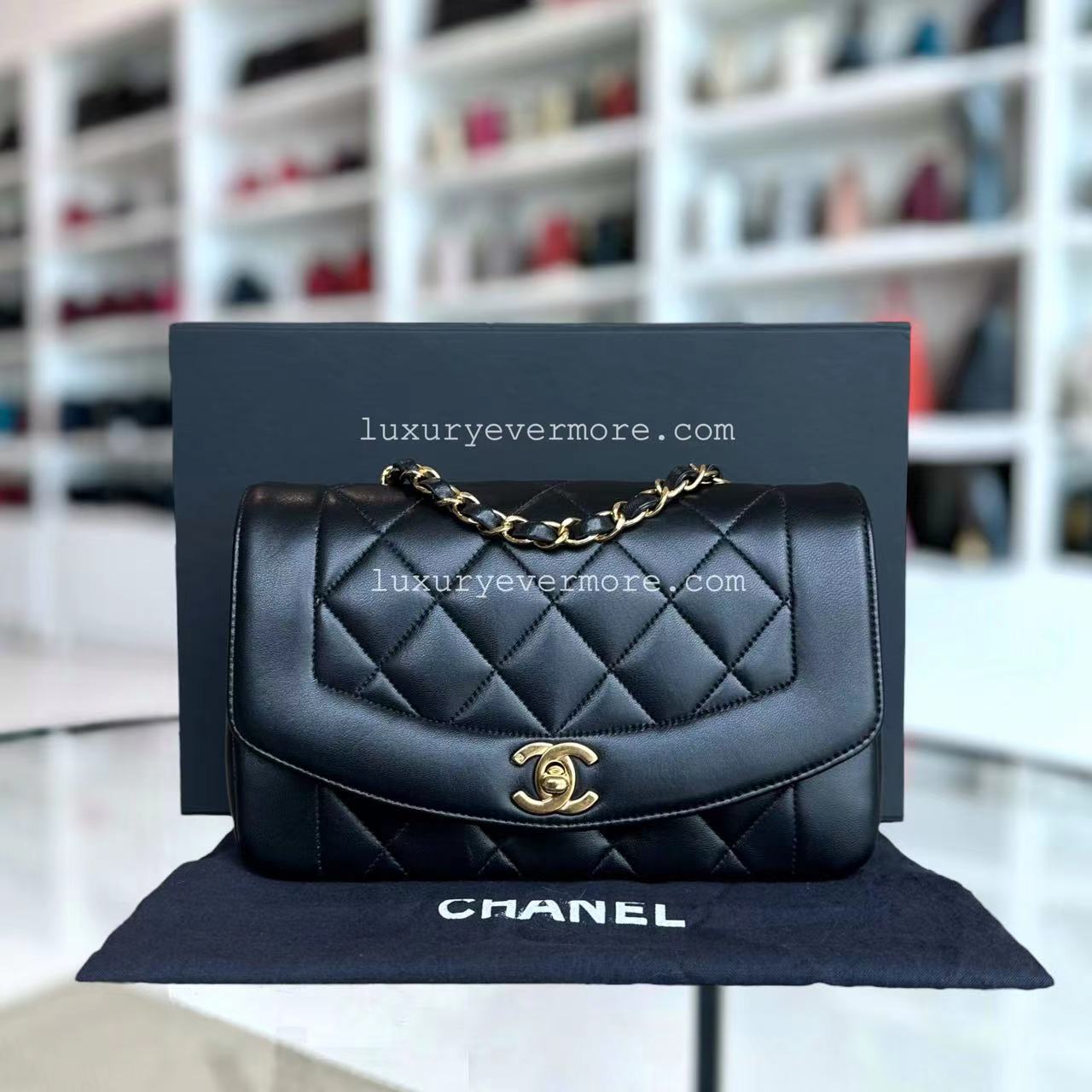 Chanel Small Diana Vintage Quilted Lambskin Black 24K Golden Hardware Series 4