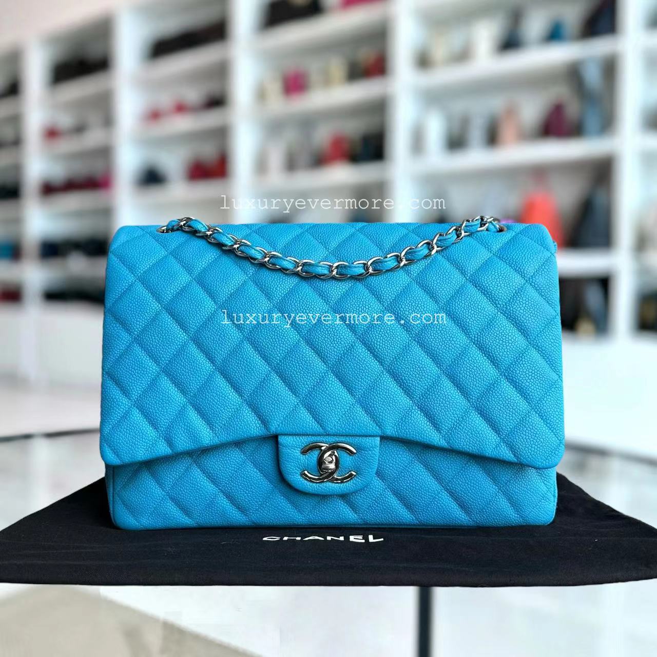 Chanel Maxi Classic Flap Caviar Double Flap Quilted Grained Calfskin Blue Silver Hardware Series 17