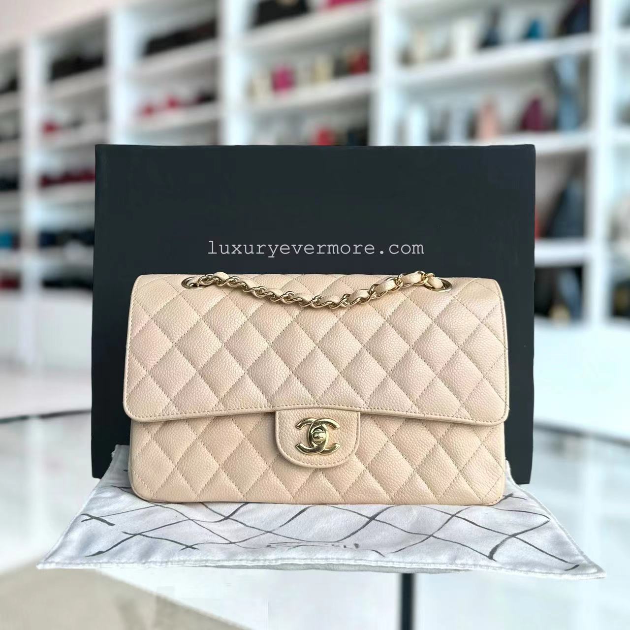 Caviar Double Flap Quilted Grained Calfskin Beige Golden Hardware Series 15