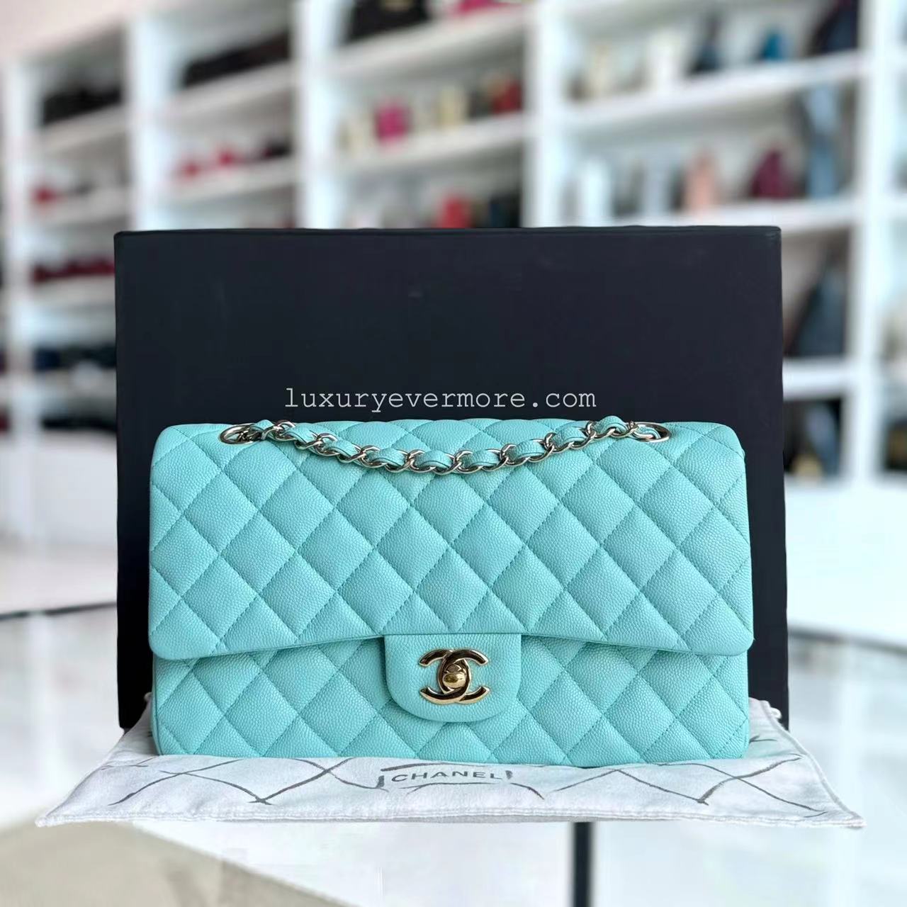 *Rare* Chanel Classic Flap Medium - Caviar 25CM Quilted Tiffany Blue Gold Hardware Series 27