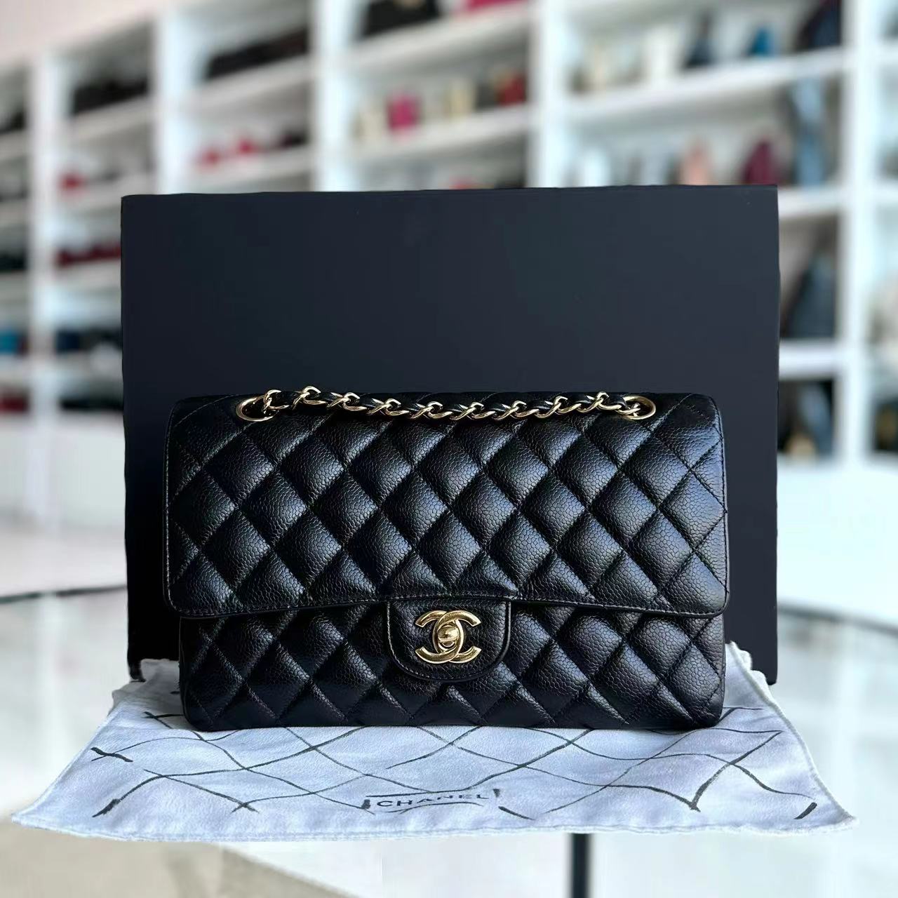 Chanel Caviar Medium Classic Flap Double Flap 25CM Quilted Calfskin Black GHW No 24