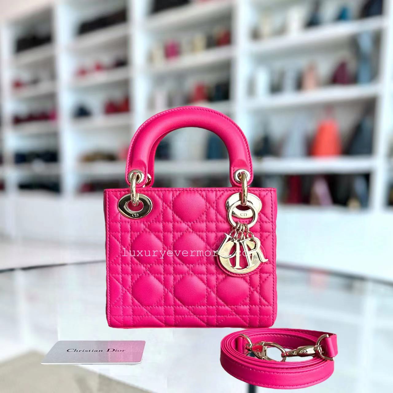 Dior Lady Mini Lambskin Cannage Hot Pink Golden Hardware