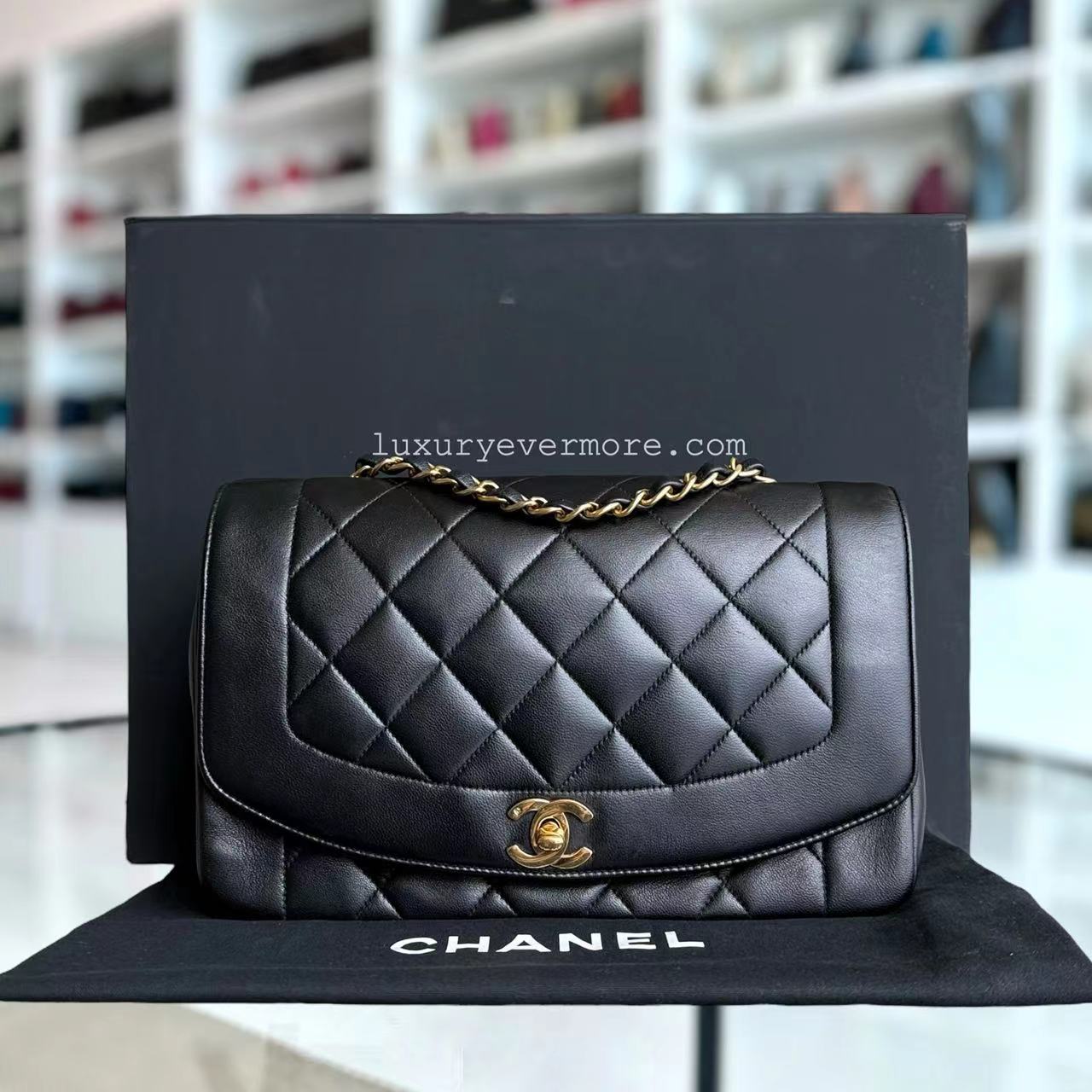 Chanel Vintage Diana Medium - 25CM Quilted Lambskin Black 24K Gold Hardware Series 2