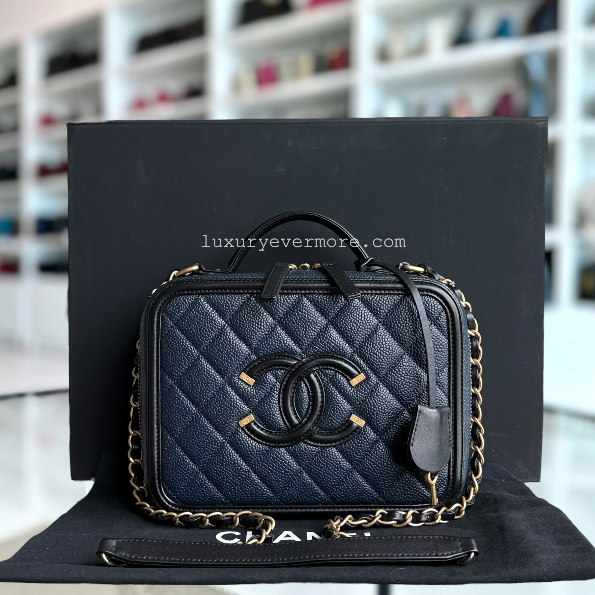 Chanel Vanity Case Medium - Caivar Quilted Dark Blue Gold Hardware Series 26