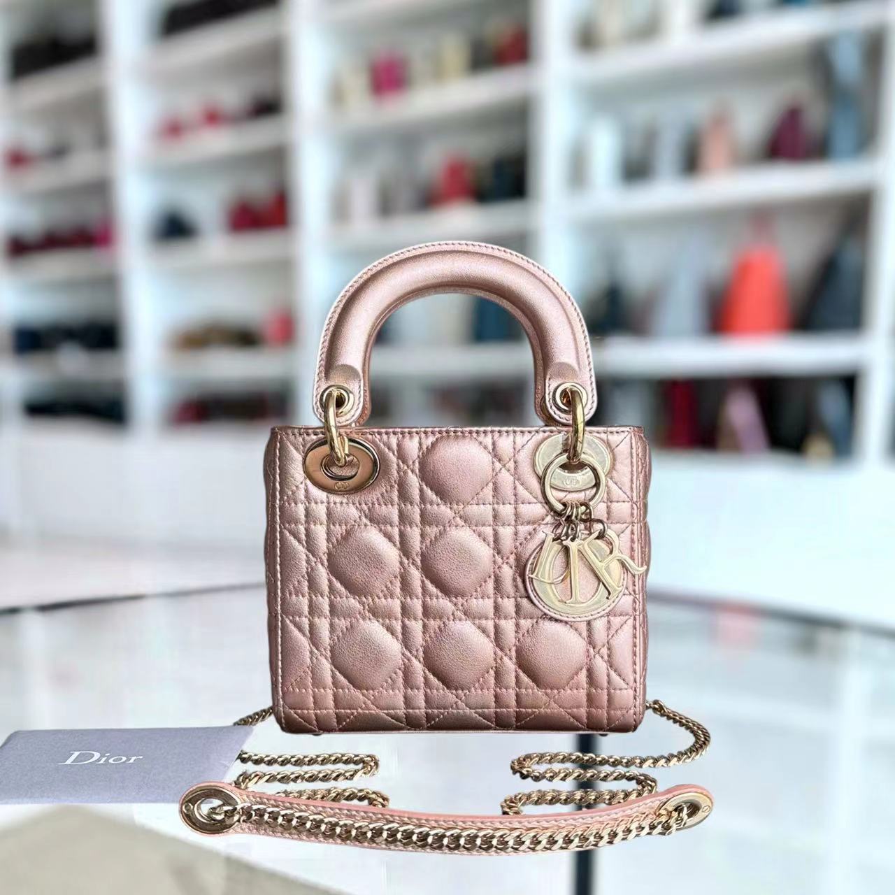 Lady Mini Cannage Lambskin Metallic Pink Golden Hardware