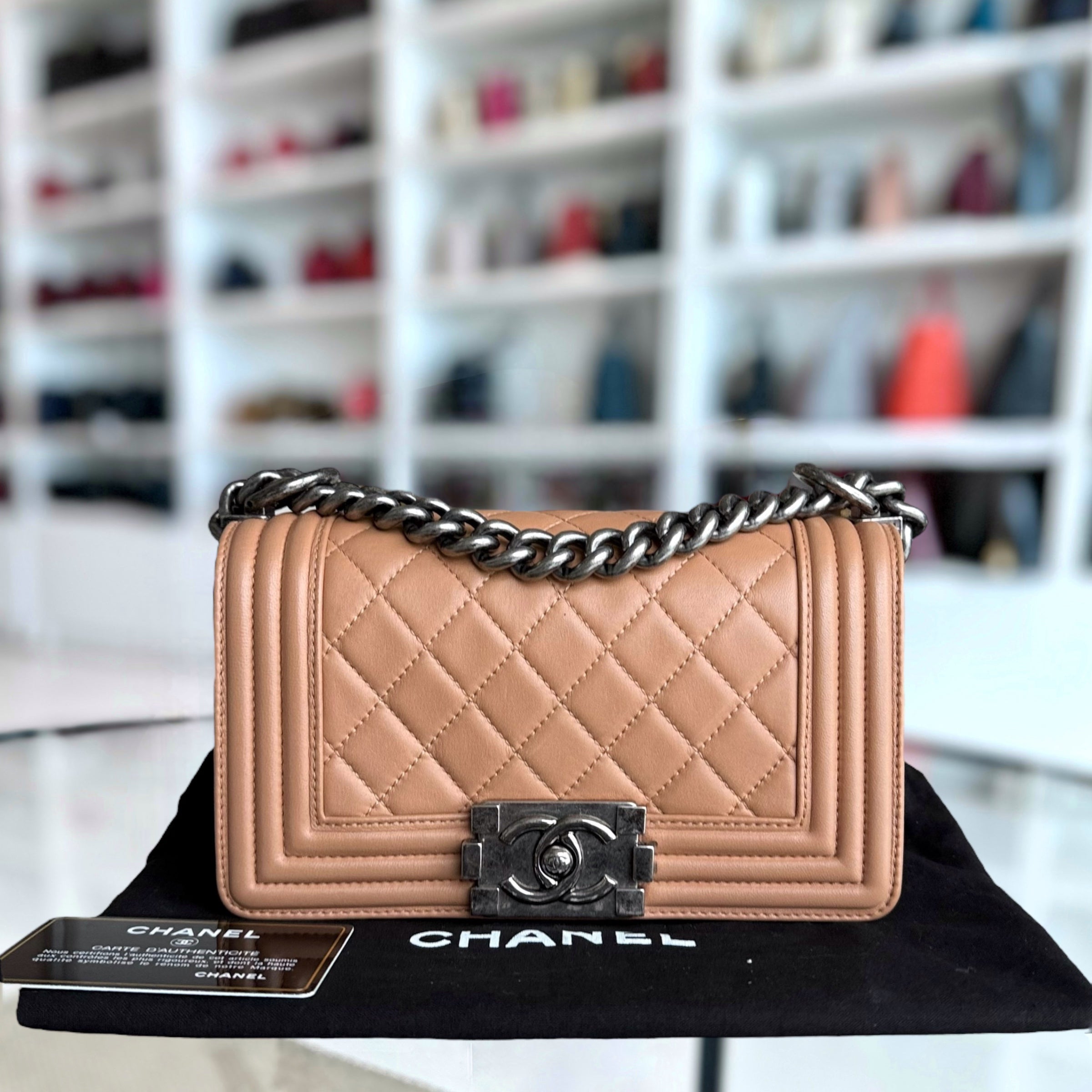 Chanel Boy Small - 20CM Quilted Lambskin Blush Caramel Ruthenium Silver Hardware Series 16