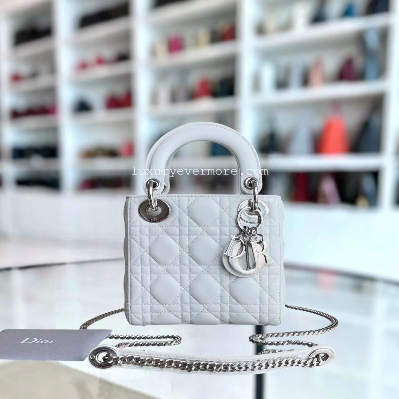 Dior Lady Mini Cannage Lambskin White Silver Hardware