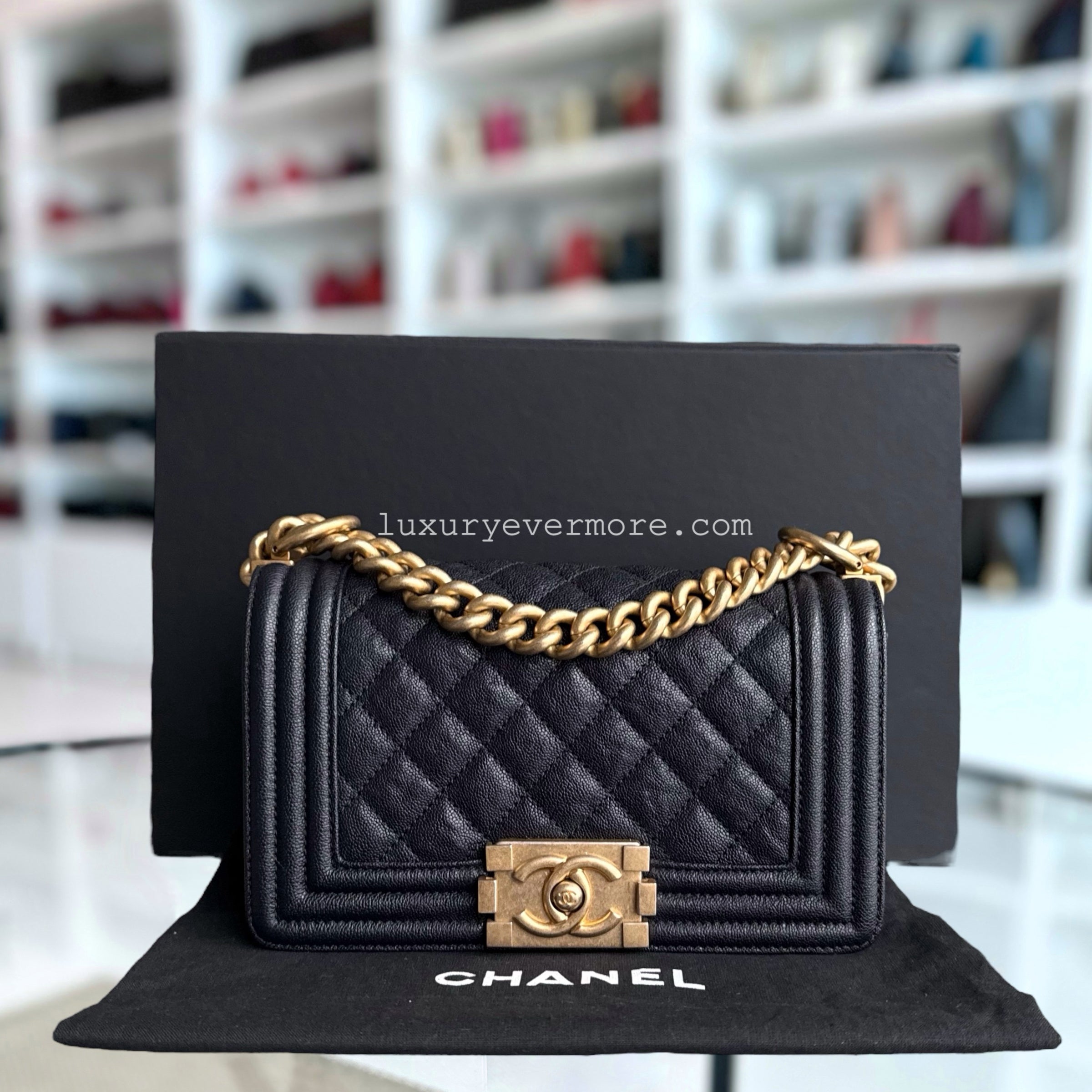 Chanel Boy Small - Caviar 20CM Quilted Dark Midnight Blue Gold Hardware