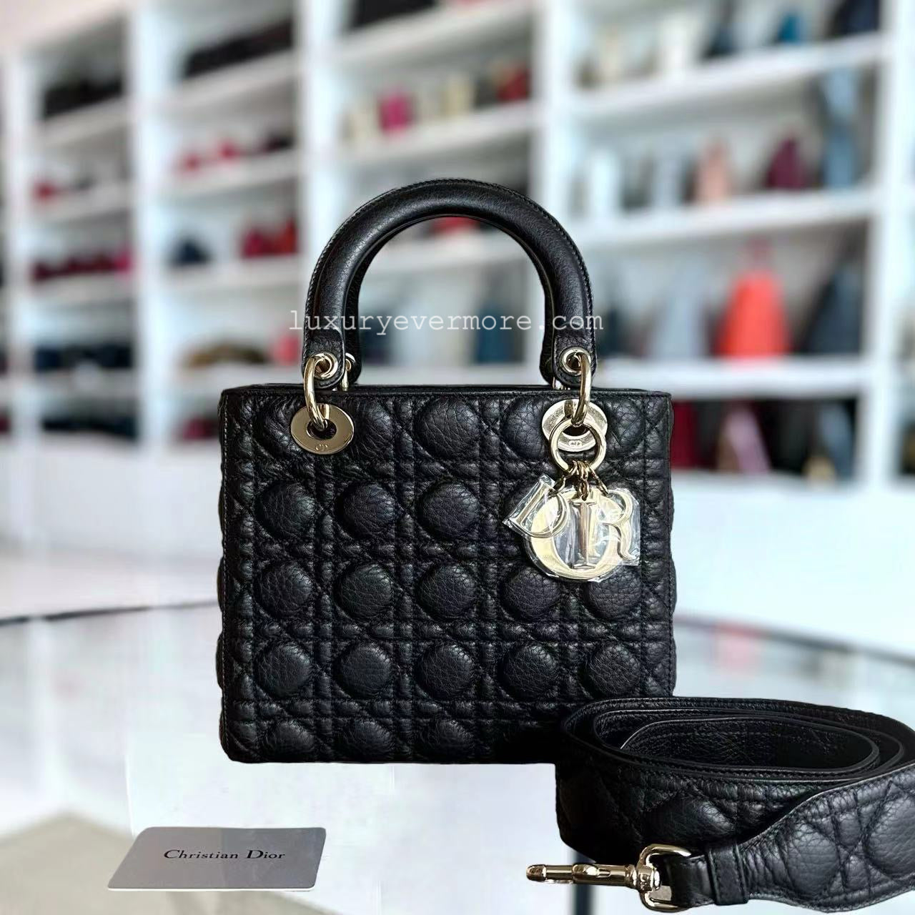 Dior Lady Medium Flap - Calfskin Cannage Black Gold Hardware