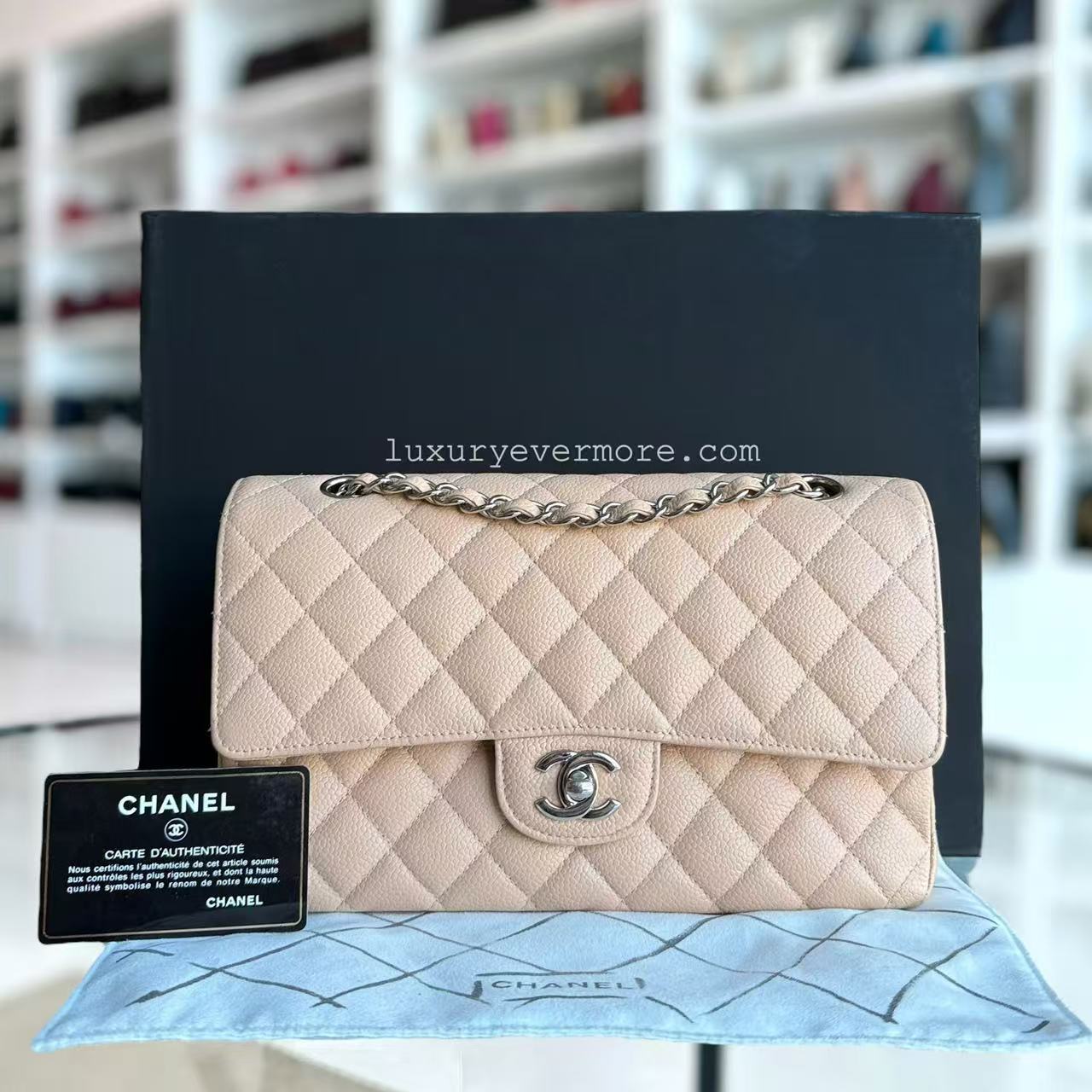 Chanel Classic Flap Medium - Caviar 25CM Quilted Light Beige Silver Hardware Series 18