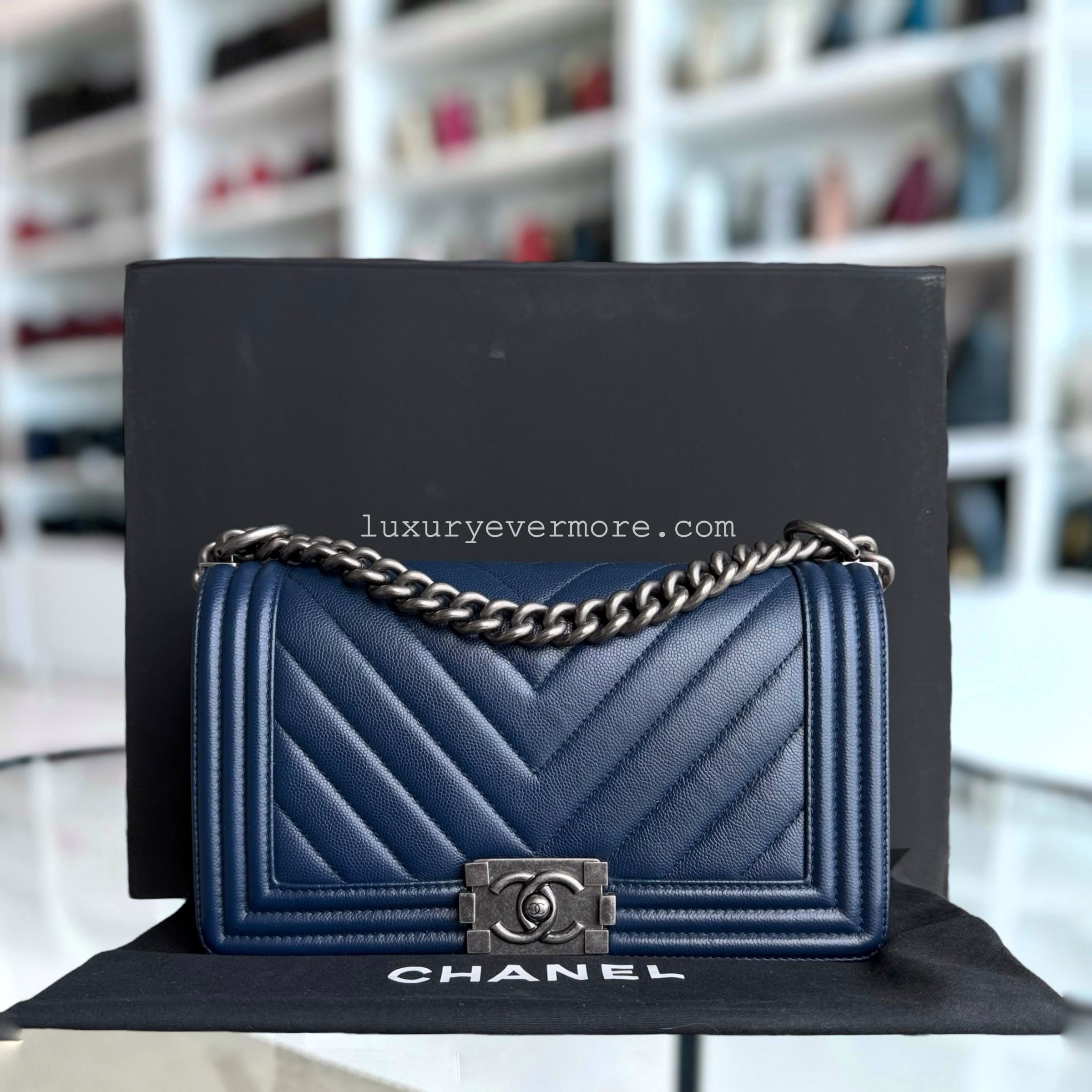 Chanel Boy Medium - Caviar Chevron Dark Blue Ruthenium Silver Hardware Series 24