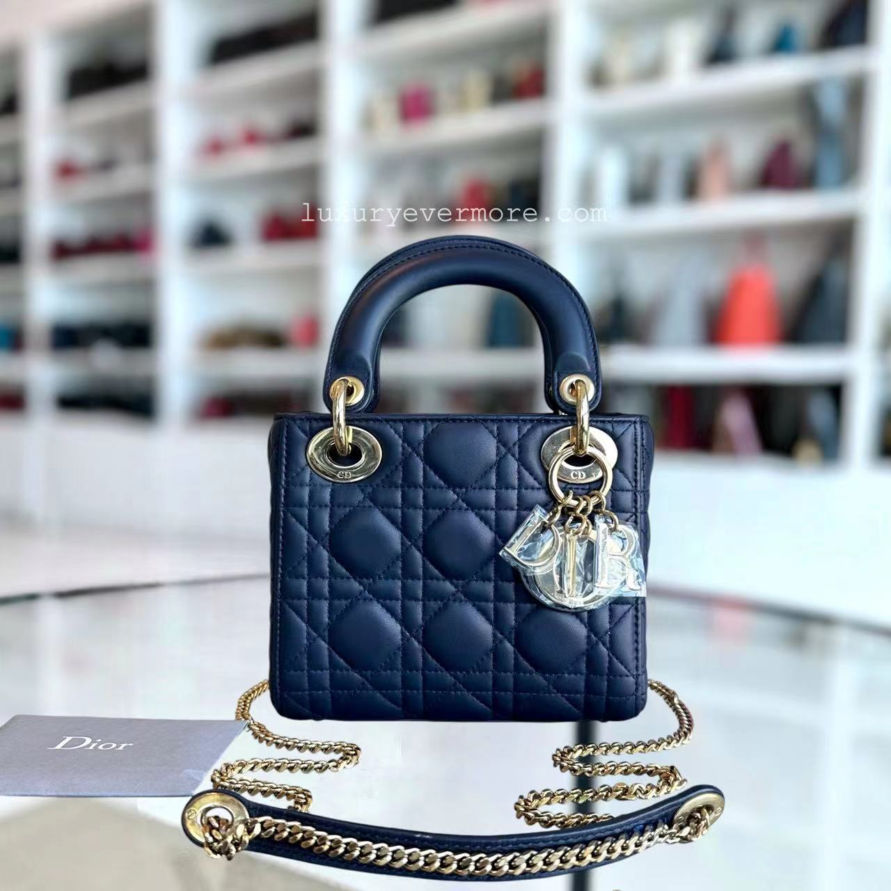 Dior Lady Mini Lambskin Cannage Dark Blue Golden Hardware Chain Strap