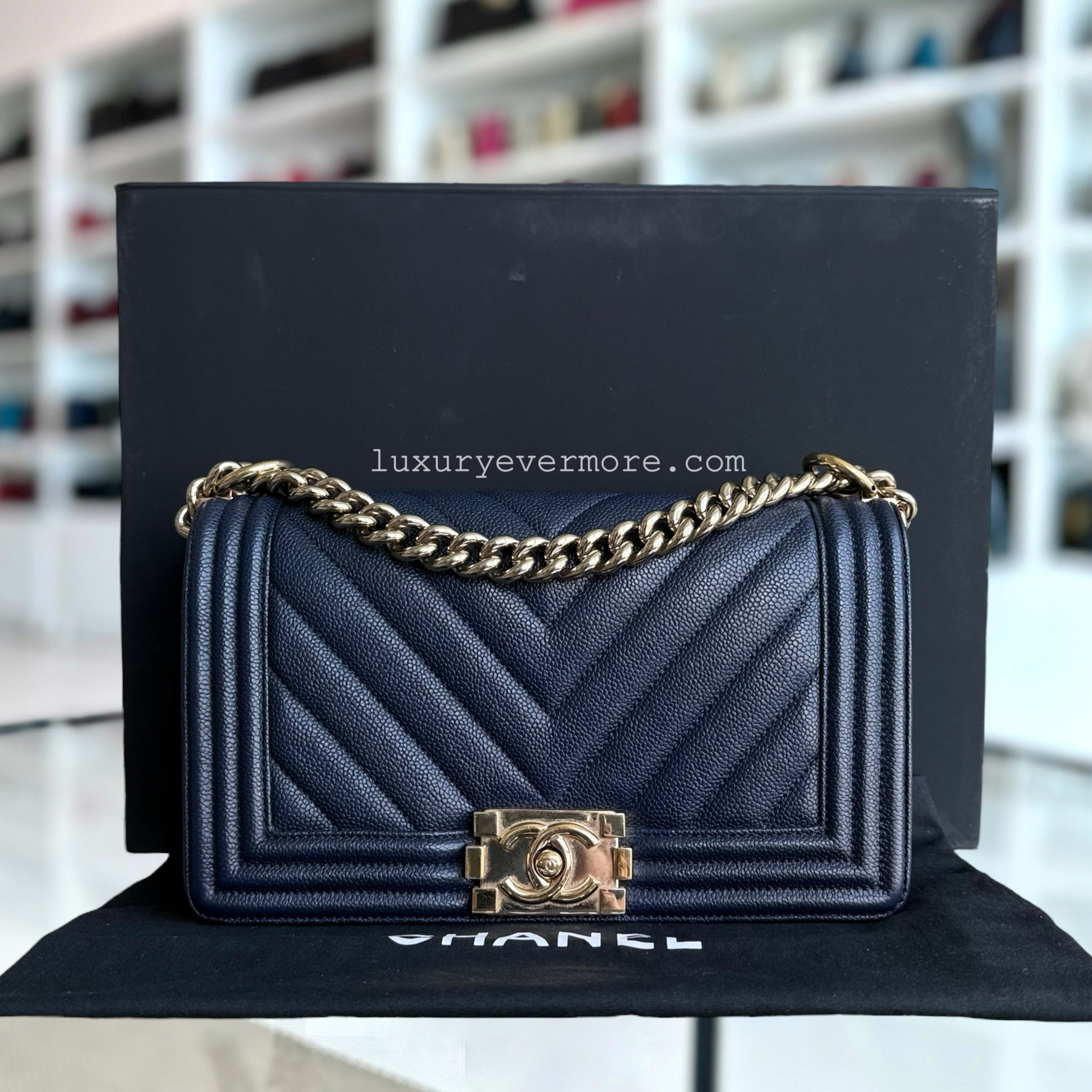 Chanel Boy Medium - Caviar 25CM Chevron Dark Navy Blue Gold Hardware Series 24