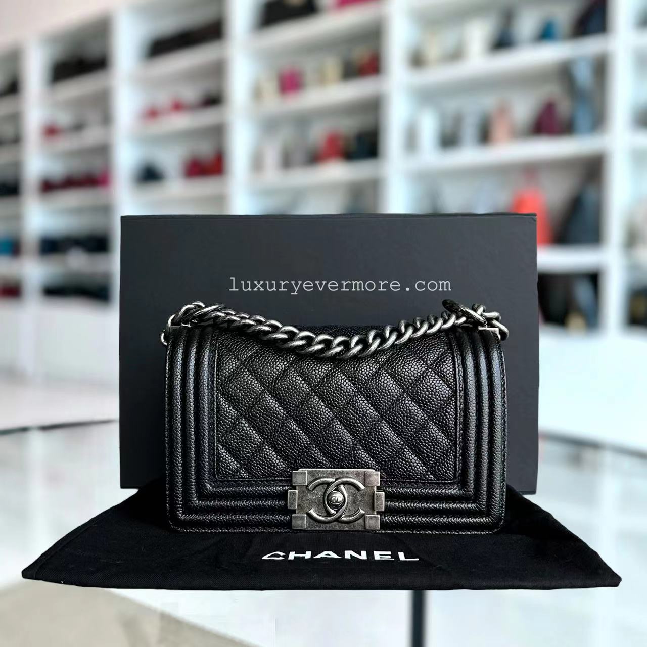 Chanel Caviar Boy Small Quilted Grained Calfskin Black Ruthenium Silver Hardware Series 19